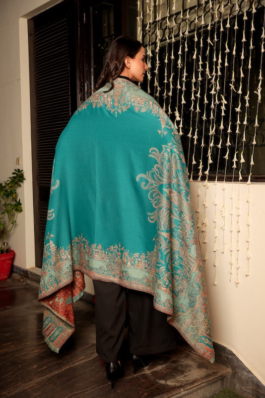 Wool Blend Mahal Border Shawl – Woven Teal