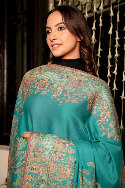 Wool Blend Mahal Border Shawl – Woven Teal
