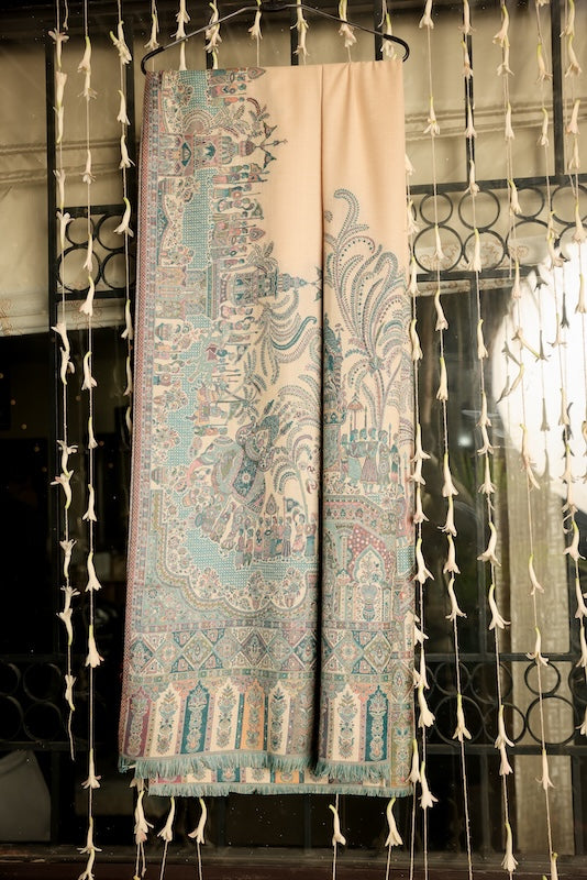 Wool Blend Mahal Border Shawl – Woven Beige