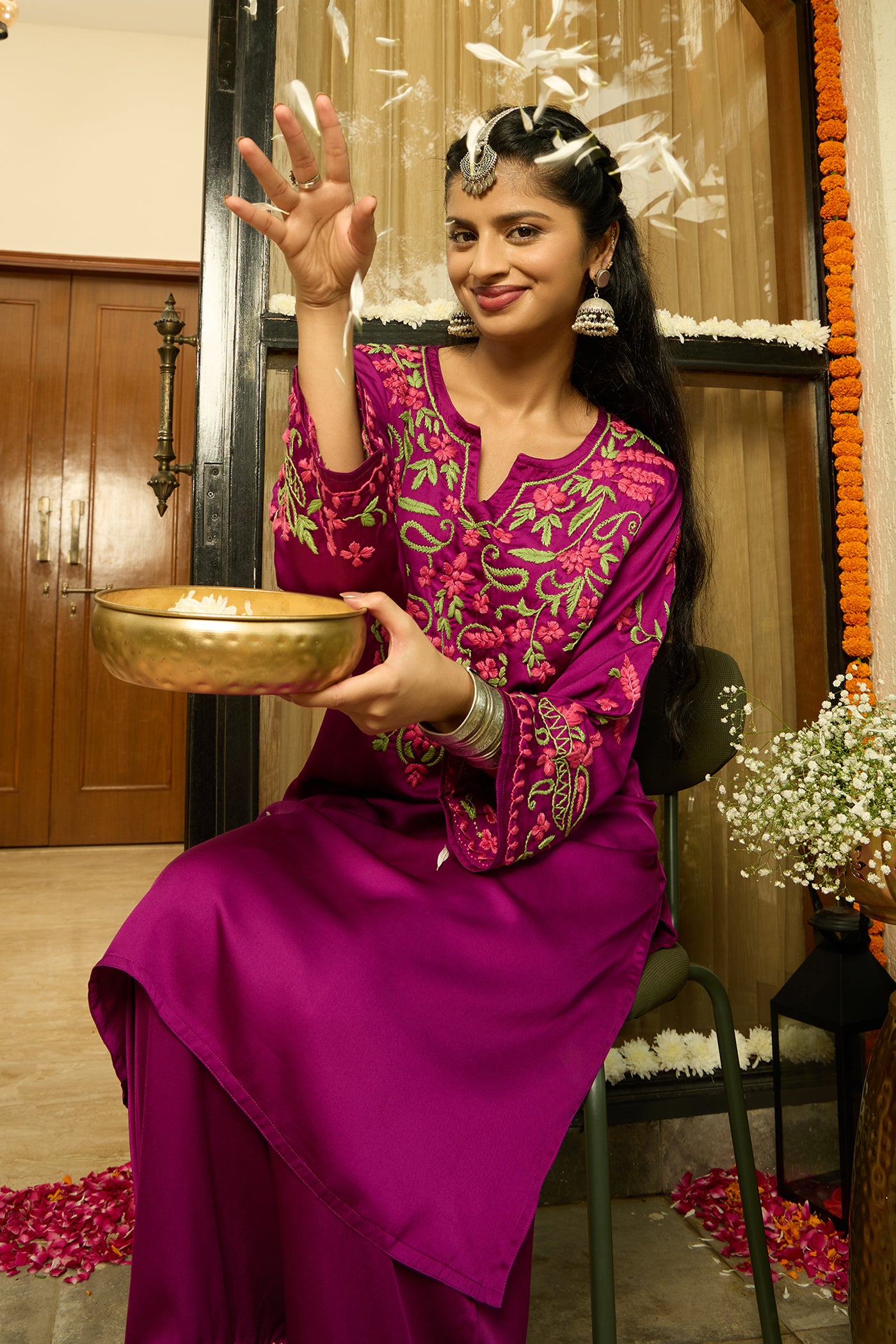 Chikankari Kurta Set in Satin Silk with Farsi Pants – Purple