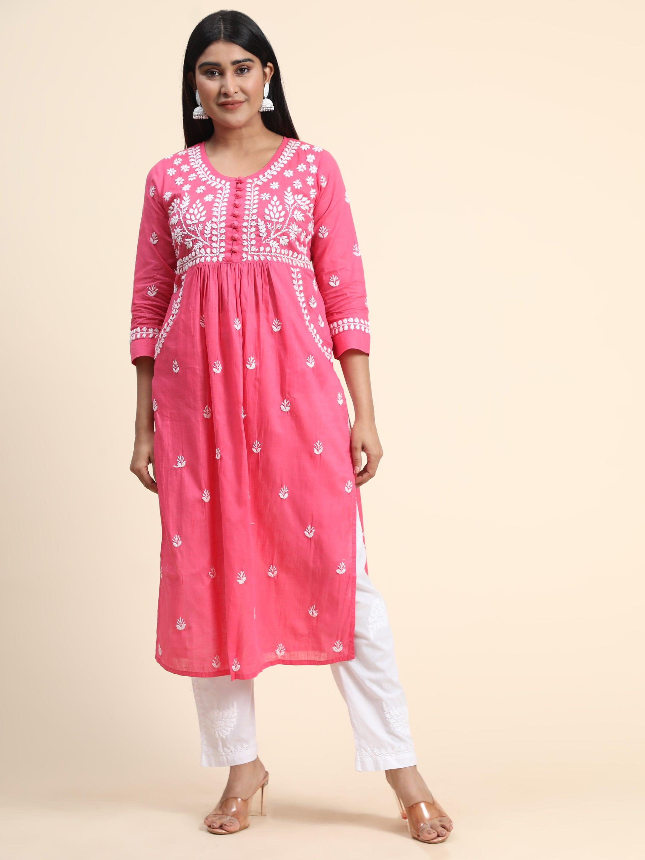 HOK Chikankari Kurti for Women With Pocket - Pink - House Of Kari (Chikankari Clothing)