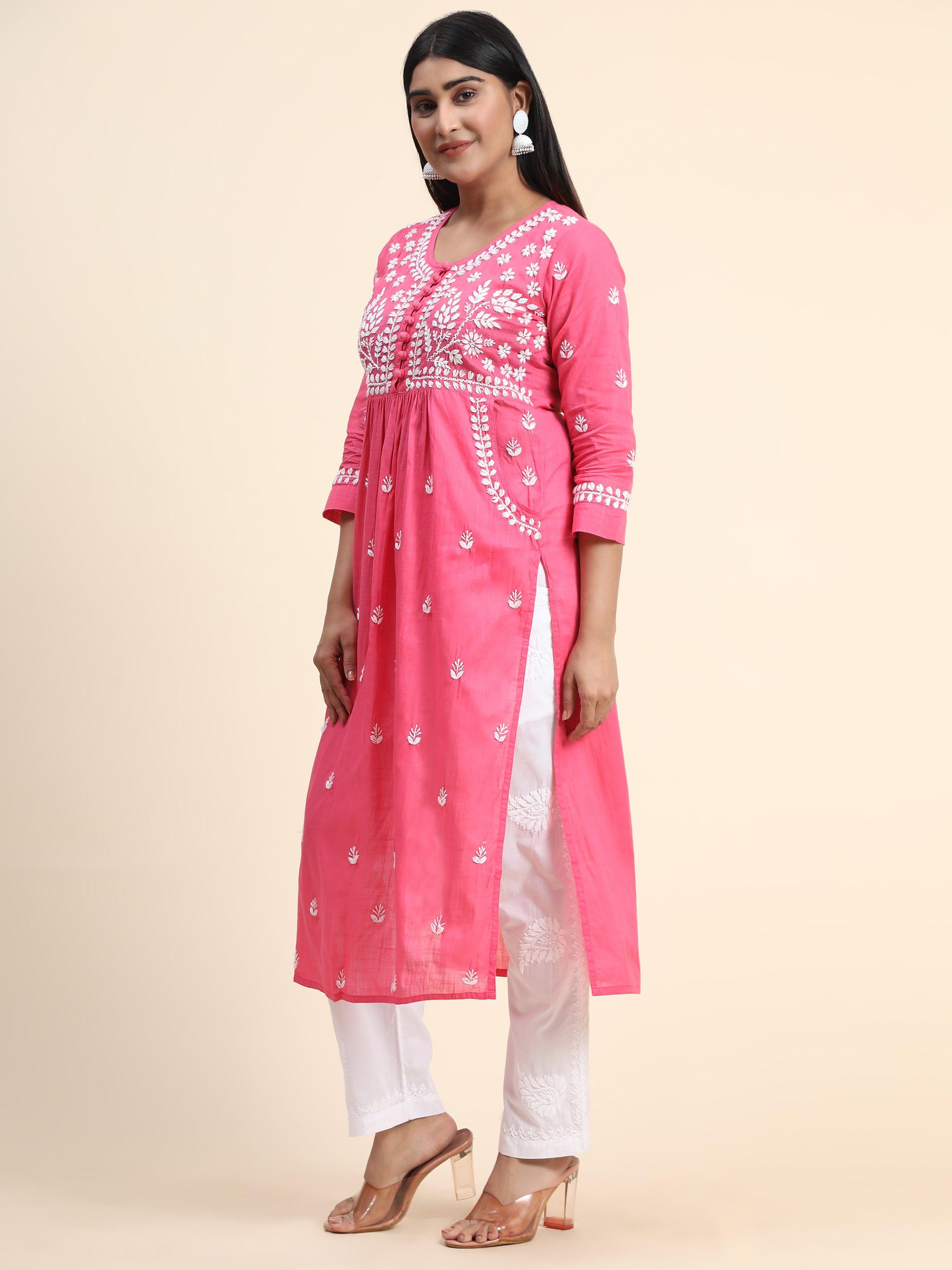 HOK Chikankari Kurti for Women With Pocket - Pink - House Of Kari (Chikankari Clothing)