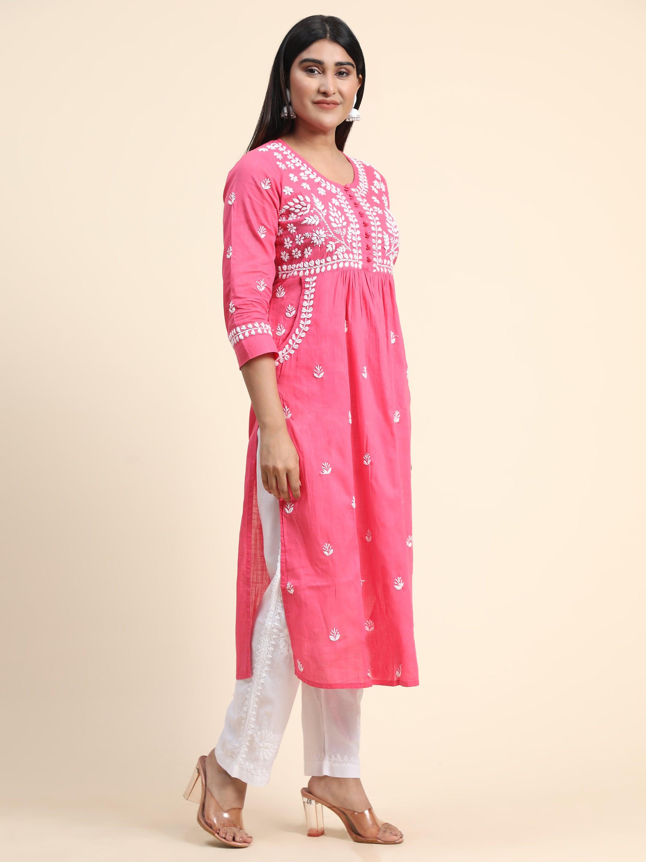 HOK Chikankari Kurti for Women With Pocket - Pink - House Of Kari (Chikankari Clothing)