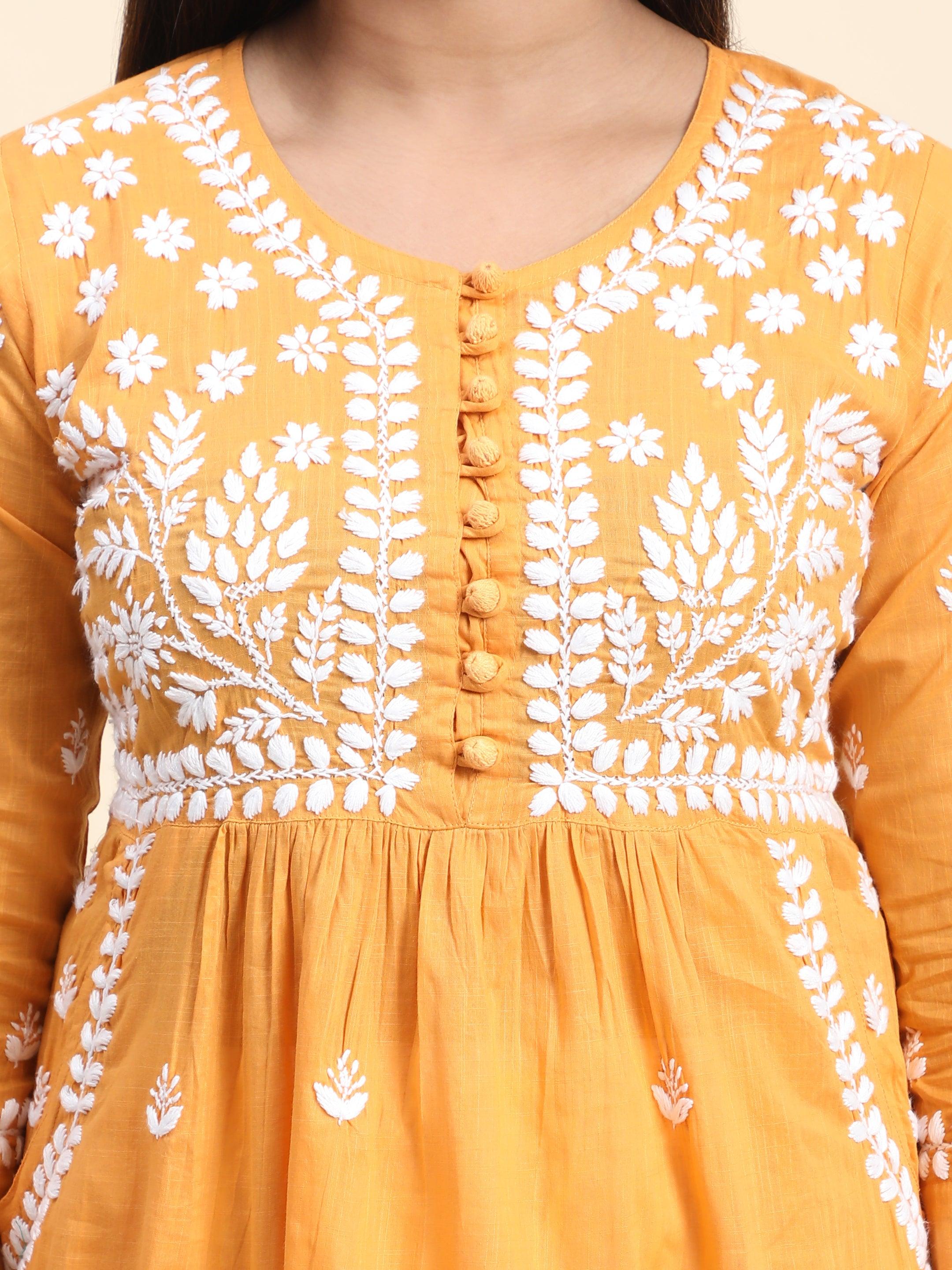 HOK Chikankari Kurti for Women With Pocket - Mustard - House Of Kari (Chikankari Clothing)
