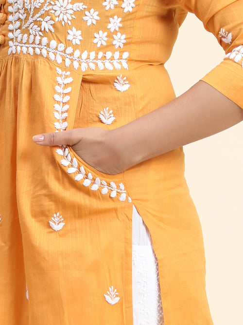 HOK Chikankari Kurti for Women With Pocket - Mustard - House Of Kari (Chikankari Clothing)