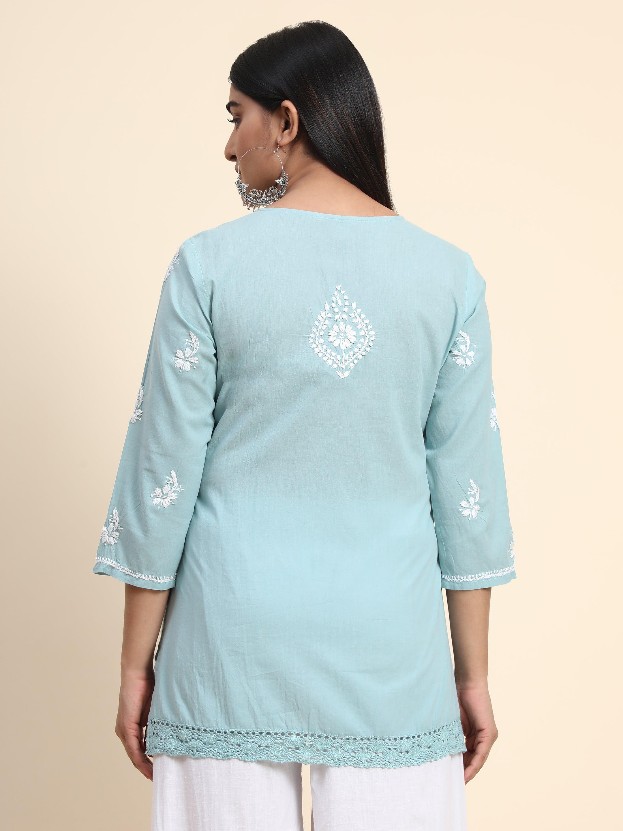 HOK chikankari Tunic for Women in Sky Blue - House Of Kari (Chikankari Clothing)