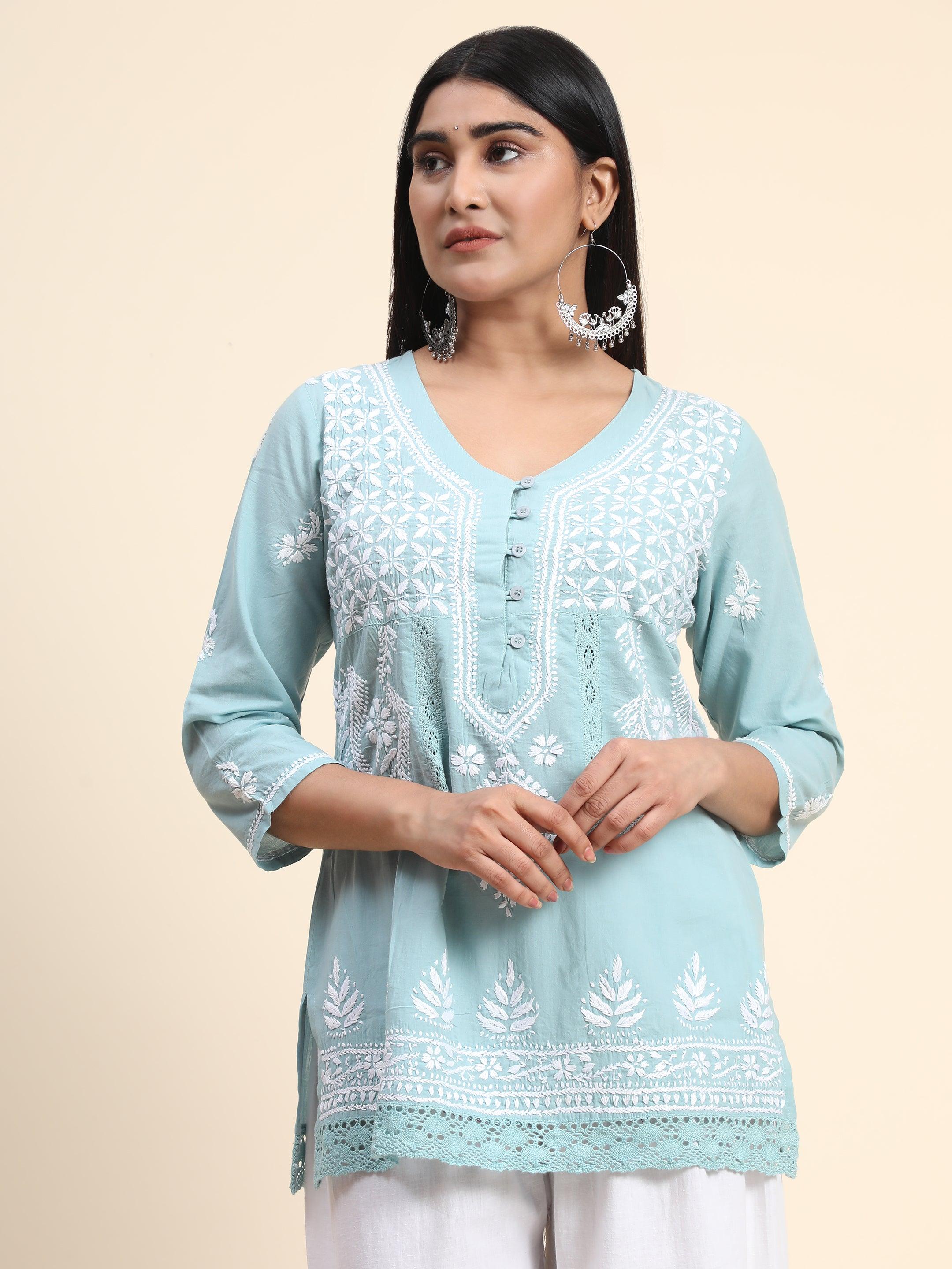 HOK chikankari Tunic for Women in Sky Blue - House Of Kari (Chikankari Clothing)