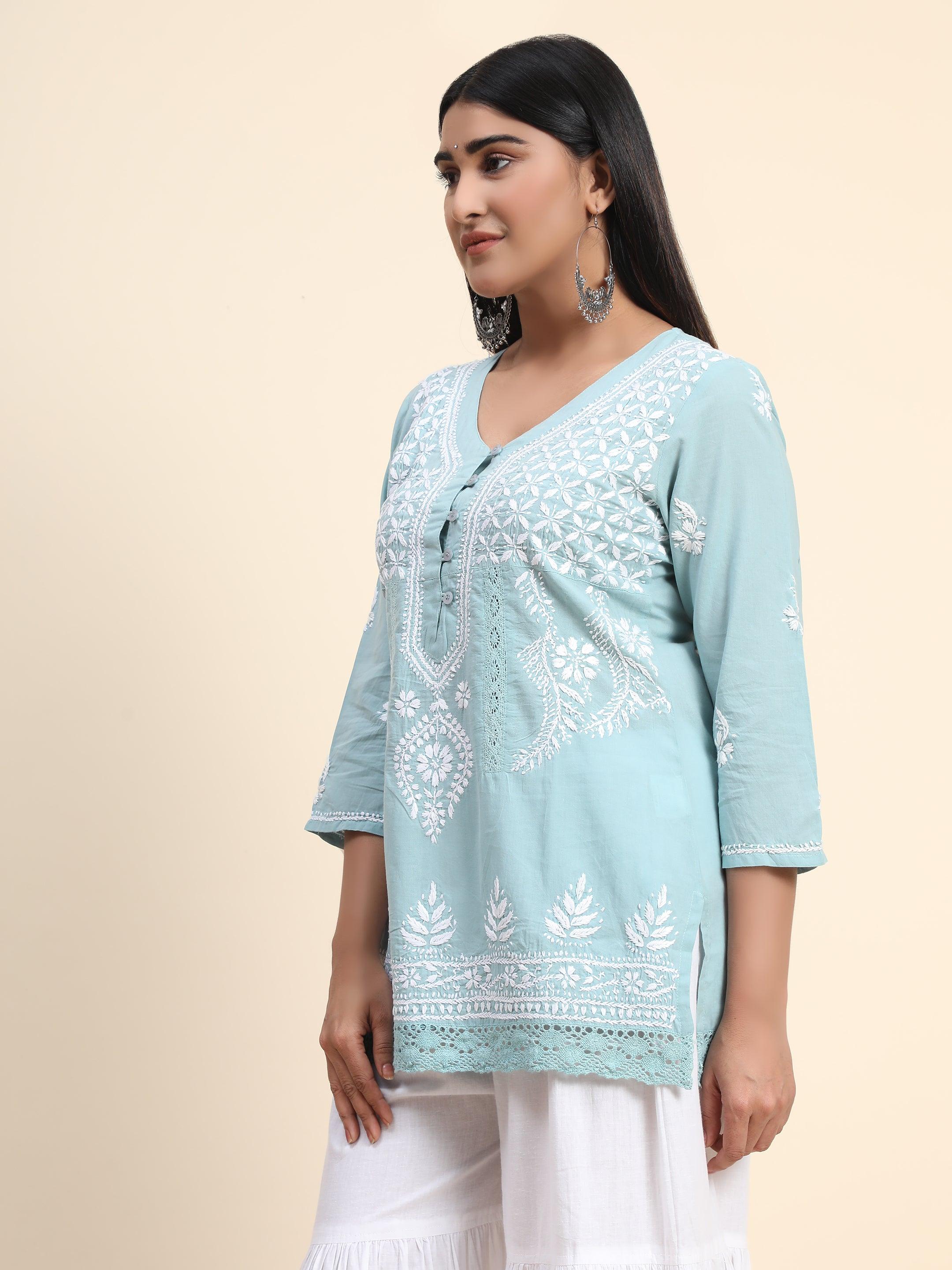 HOK chikankari Tunic for Women in Sky Blue - House Of Kari (Chikankari Clothing)