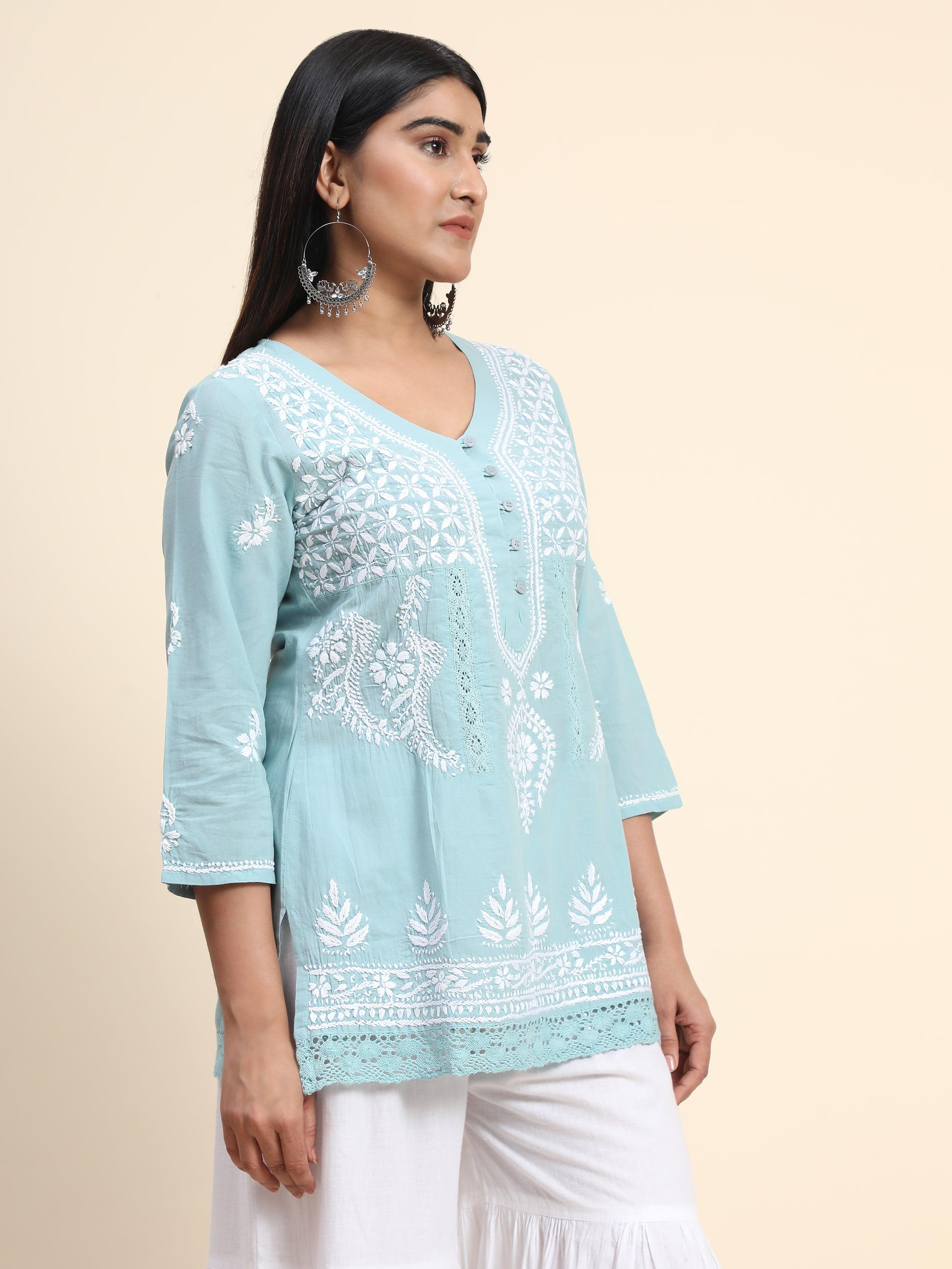 HOK chikankari Tunic for Women in Sky Blue - House Of Kari (Chikankari Clothing)