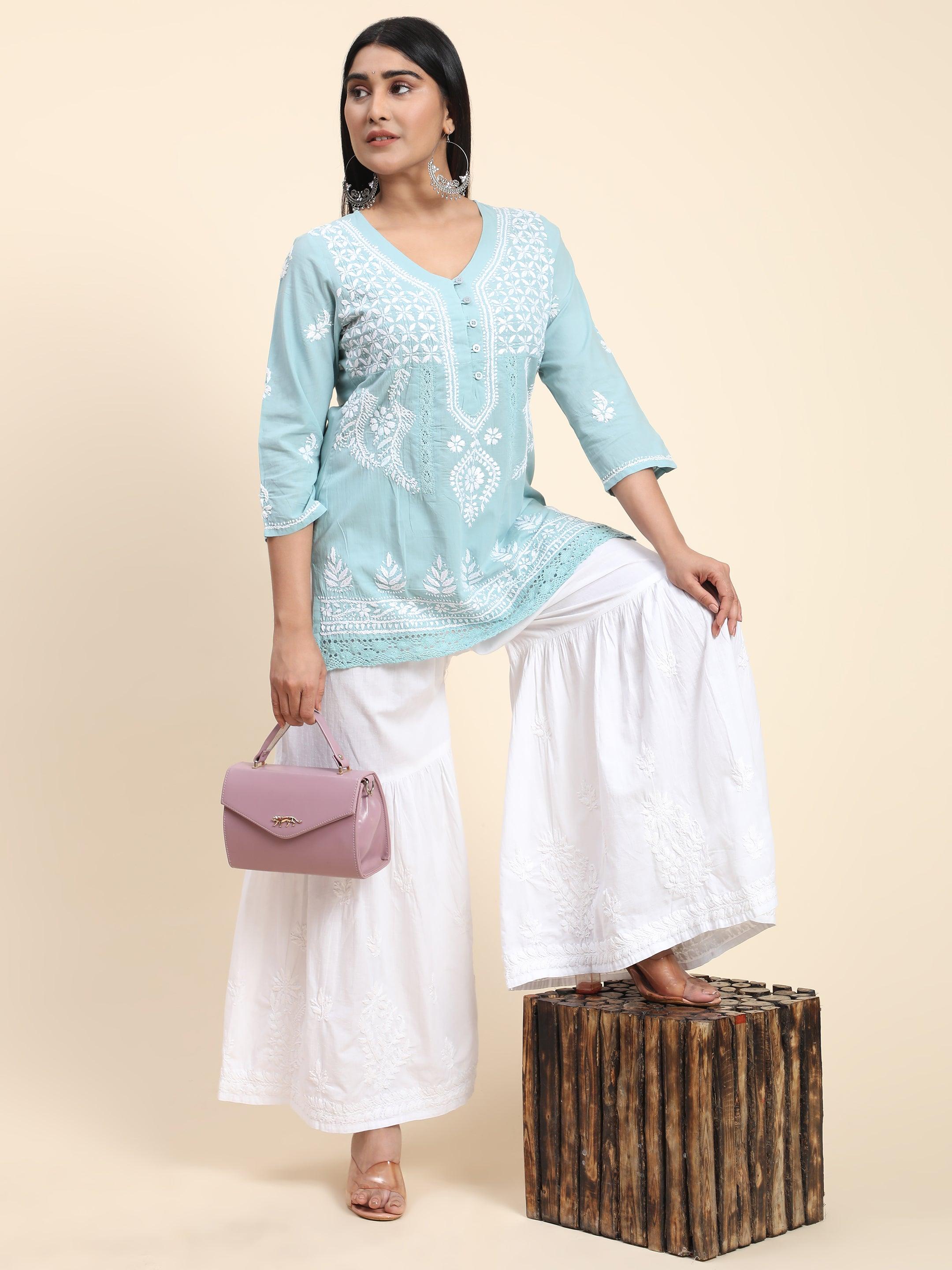HOK chikankari Tunic for Women in Sky Blue - House Of Kari (Chikankari Clothing)