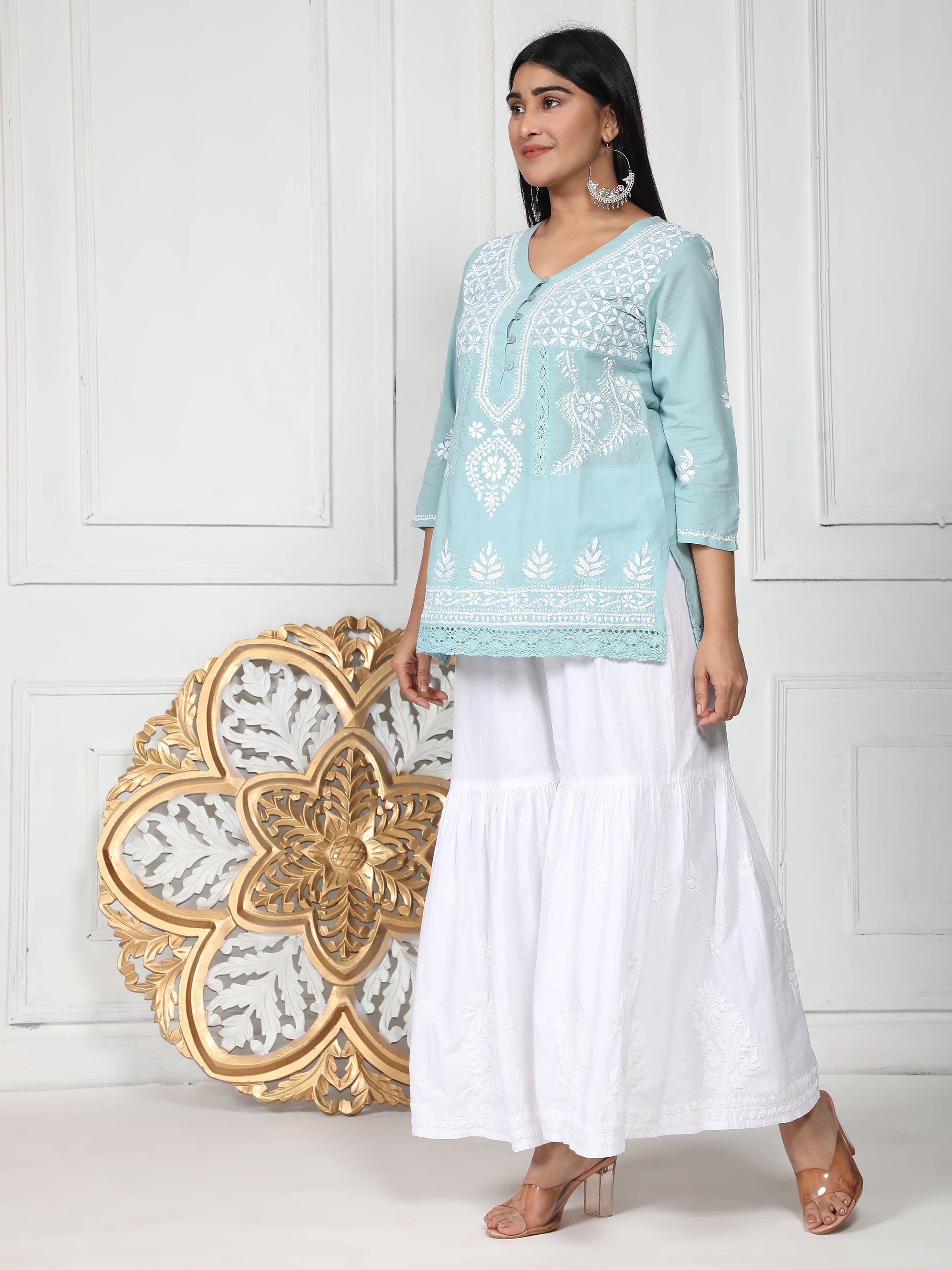 HOK chikankari Tunic for Women in Sky Blue - House Of Kari (Chikankari Clothing)