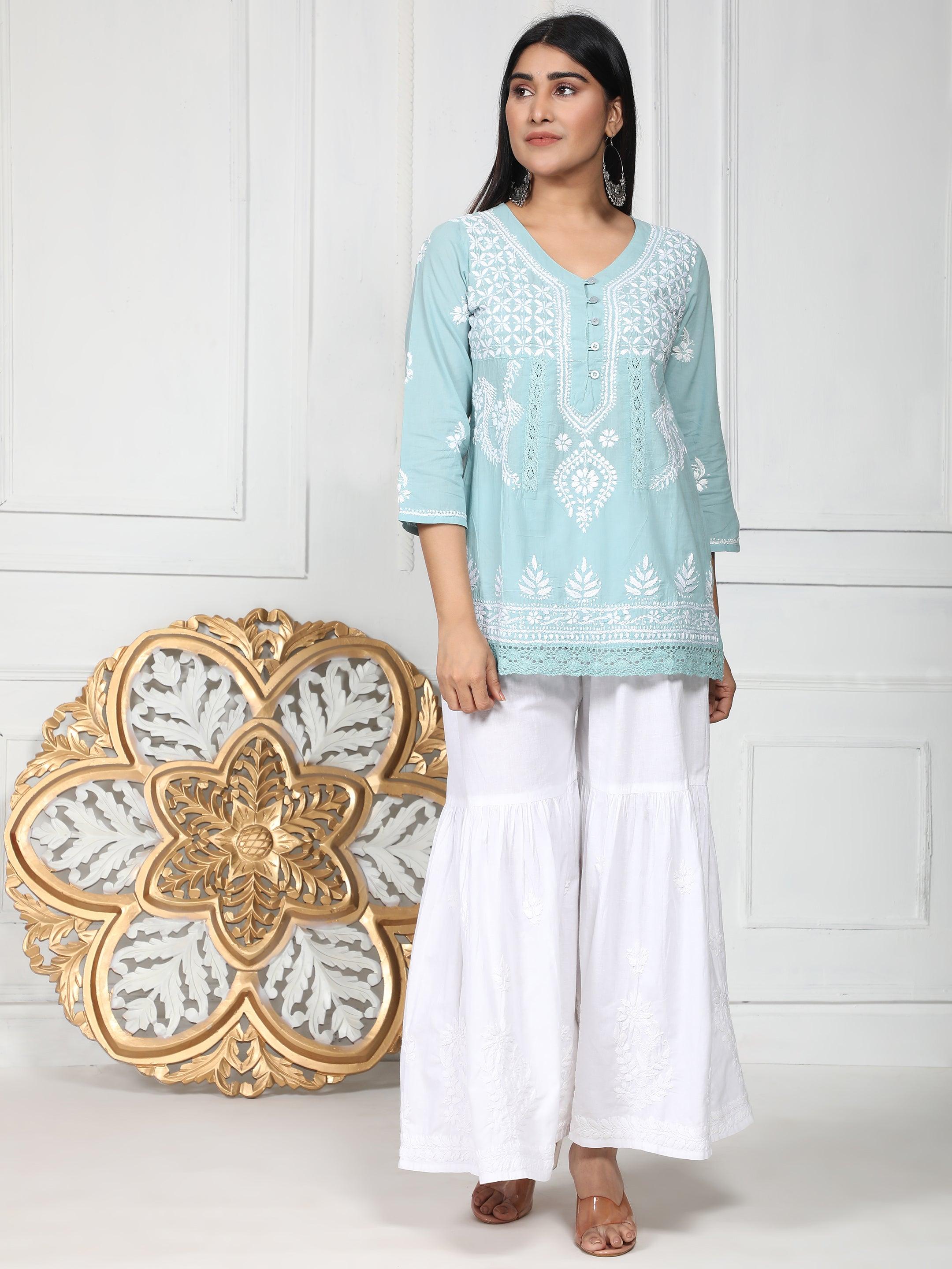 HOK chikankari Tunic for Women in Sky Blue - House Of Kari (Chikankari Clothing)