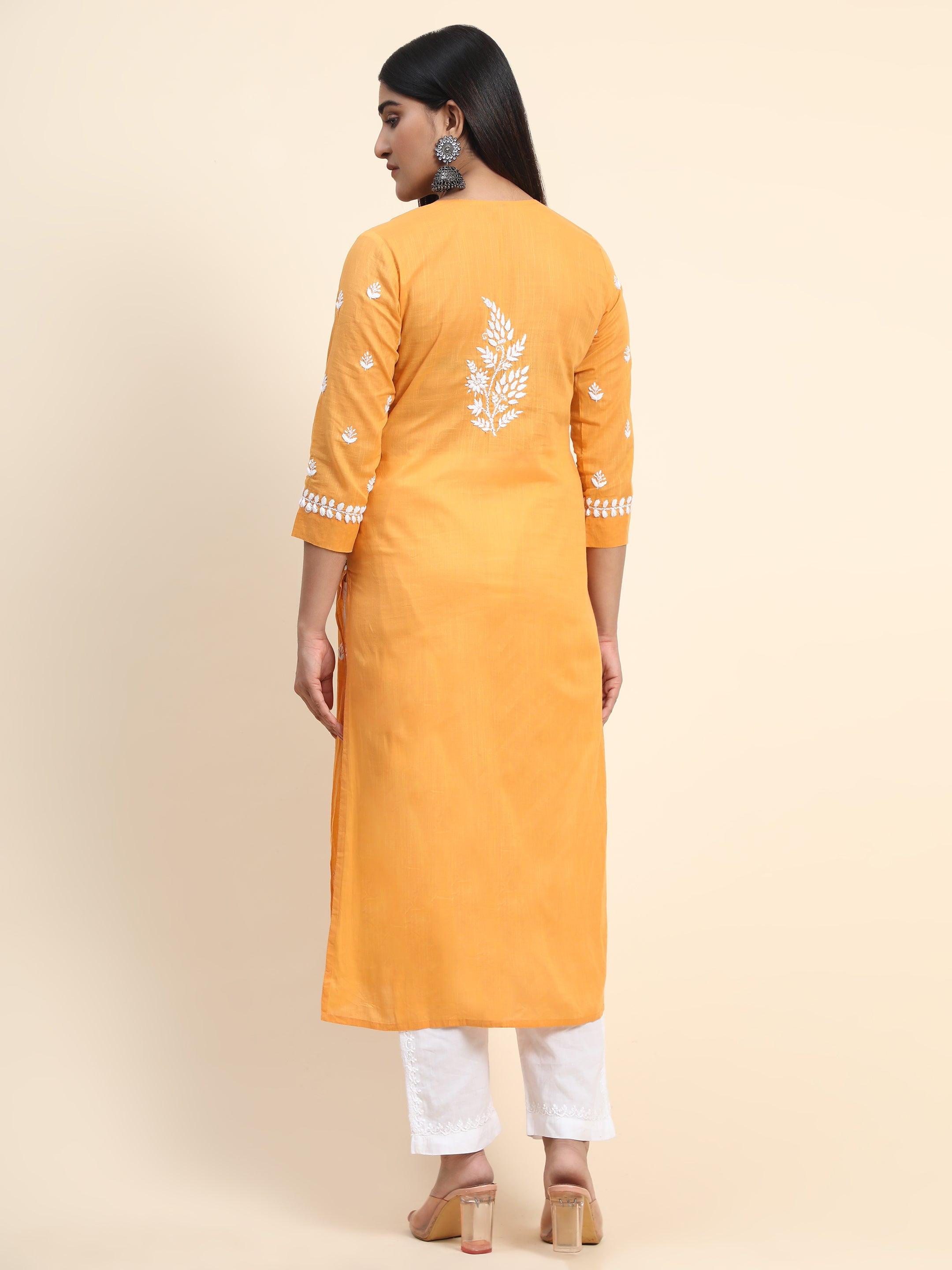 HOK Chikankari Kurti for Women With Pocket - Mustard - House Of Kari (Chikankari Clothing)