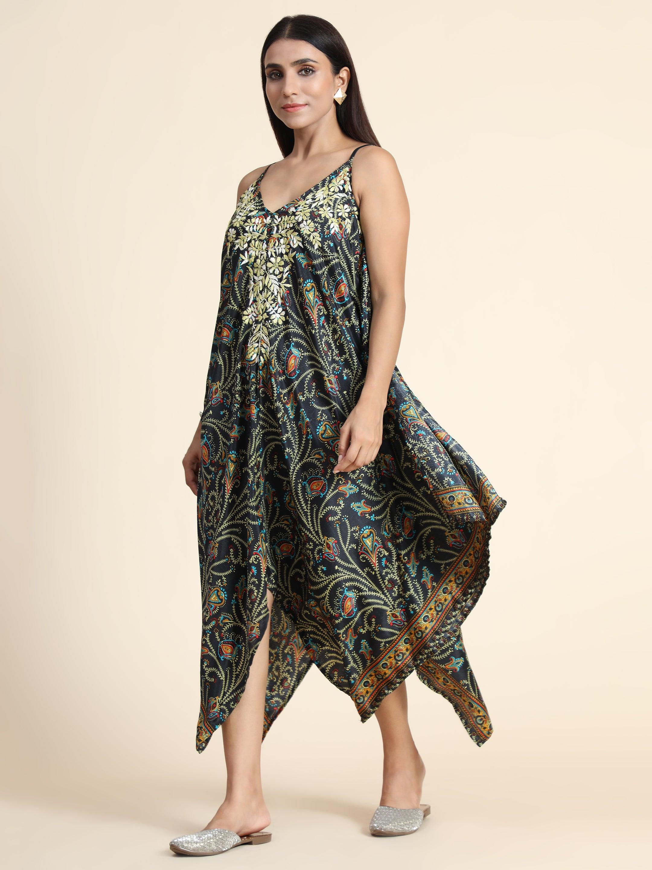 Chickenkari Dress for Women - Dark Multicolour with Collar work - House Of Kari (Chikankari Clothing)