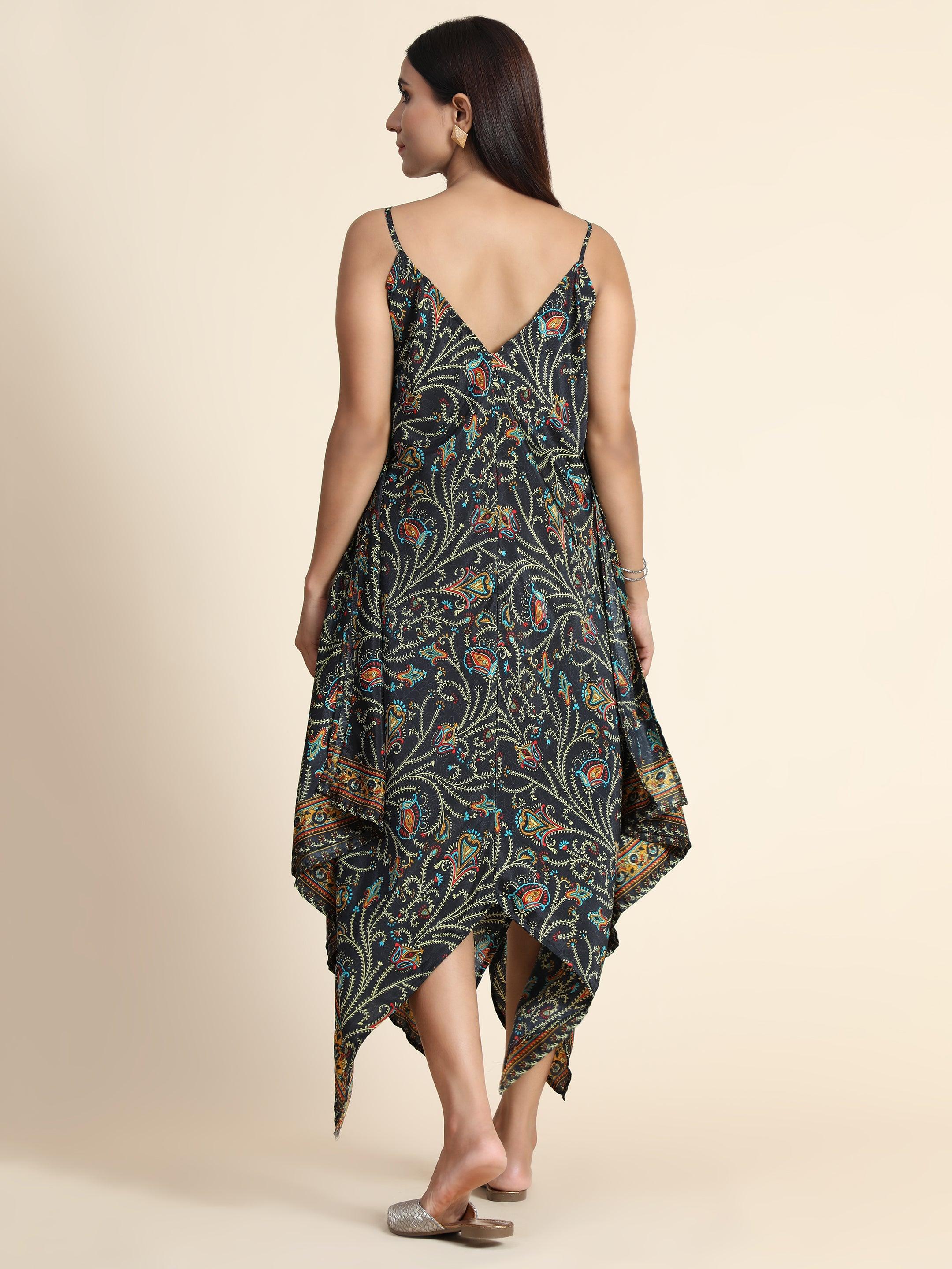 Chickenkari Dress for Women - Dark Multicolour with Collar work - House Of Kari (Chikankari Clothing)