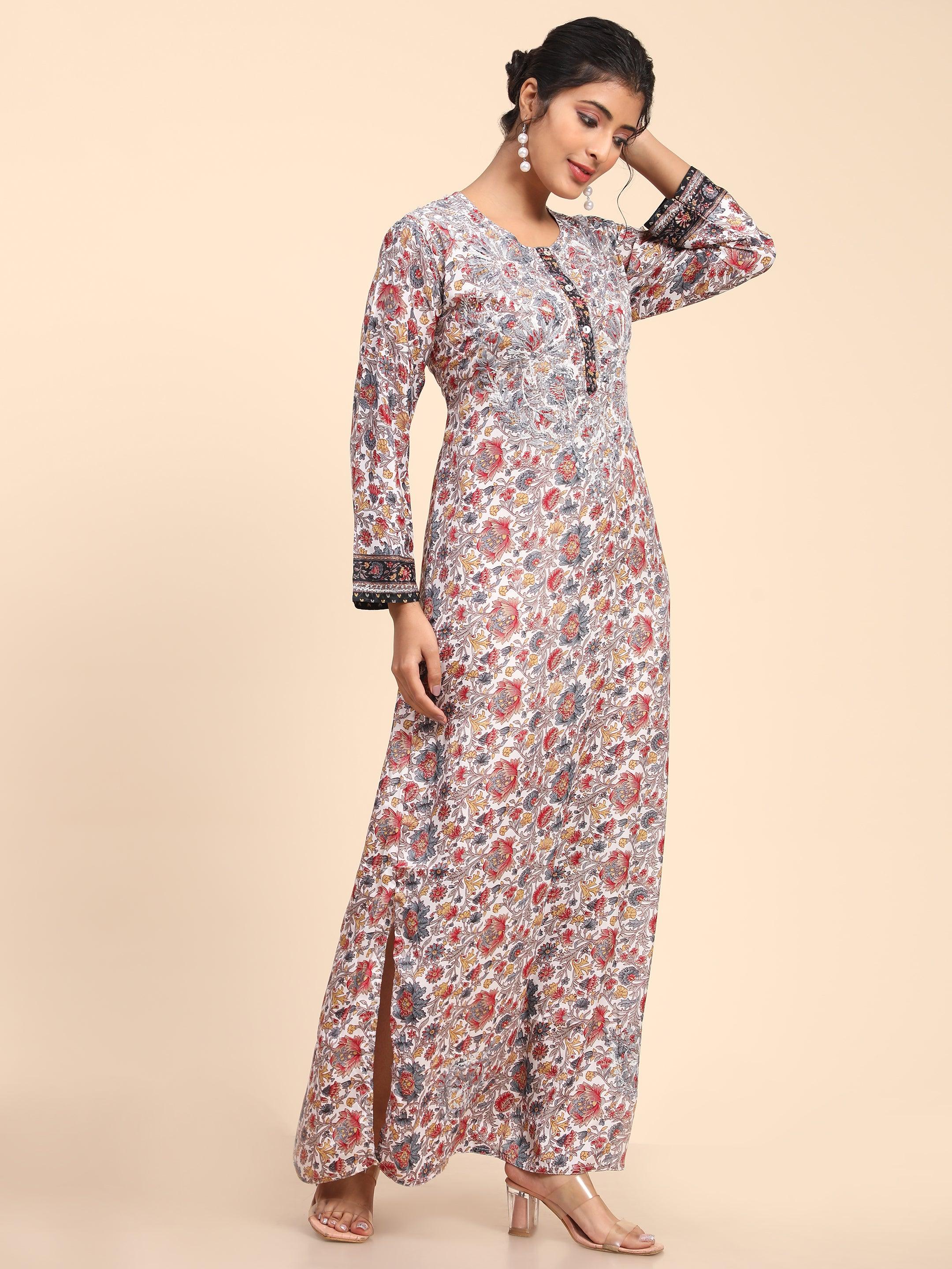 Noor Premium Printed PolySilk Chikankari Long gown for Women -Silver Floral Print - House Of Kari (Chikankari Clothing)