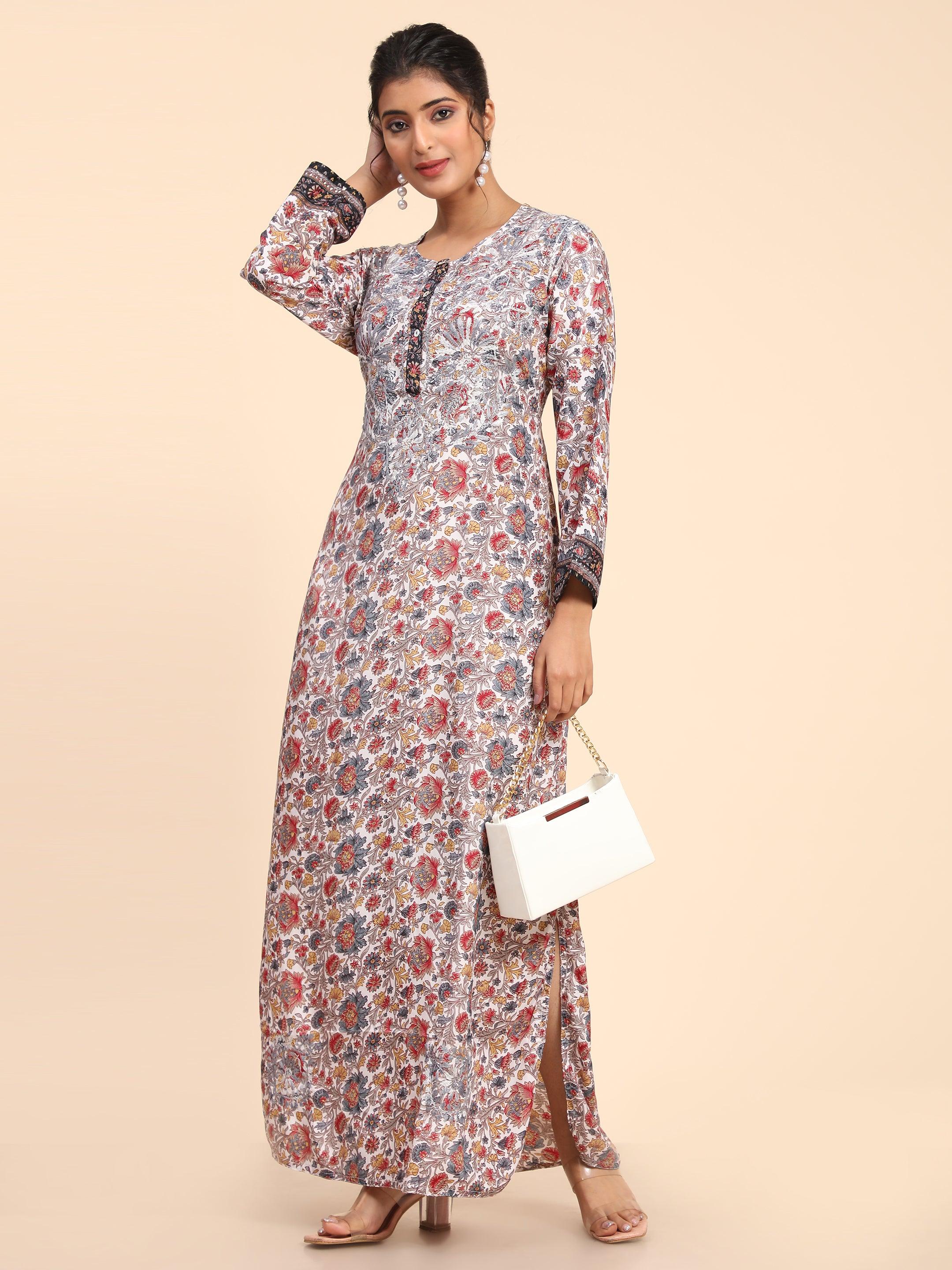 Noor Premium Printed PolySilk Chikankari Long gown for Women -Silver Floral Print - House Of Kari (Chikankari Clothing)