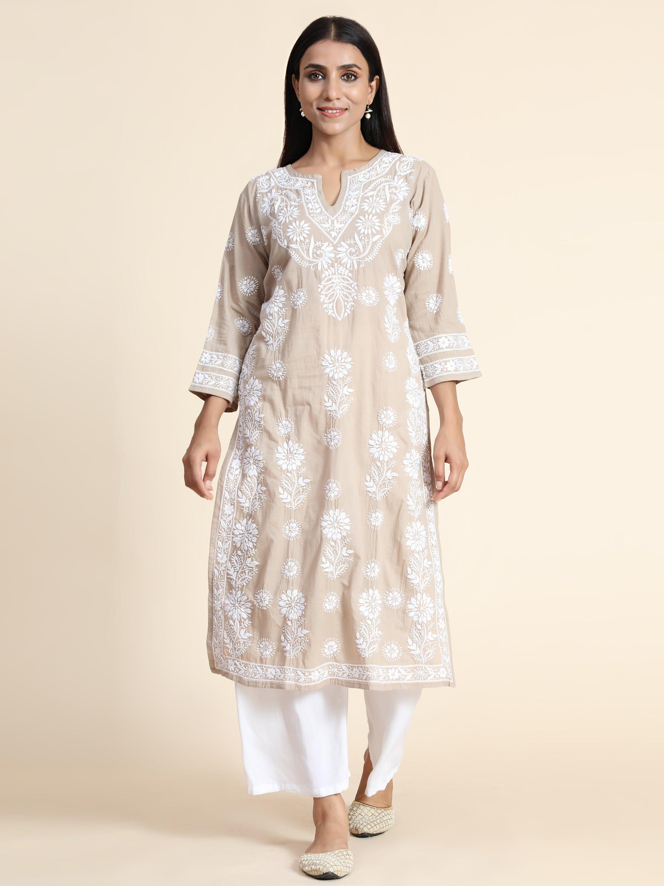 Aanchal in HOK Chikankari Long Kurti for Women Beige & White-2 - House Of Kari (Chikankari Clothing)