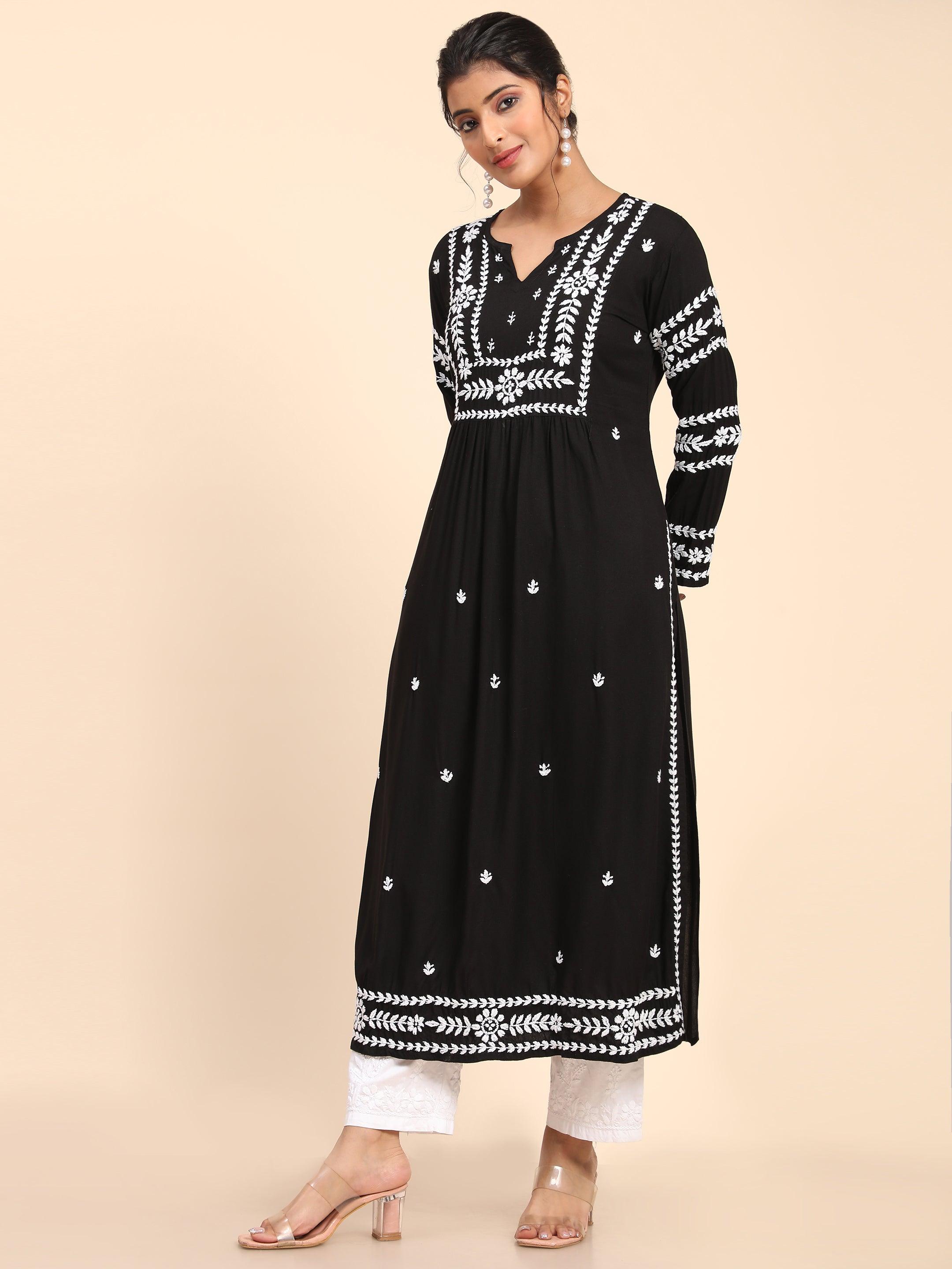 BlackHand Embroidered Floral Printed Chikankari Kurta