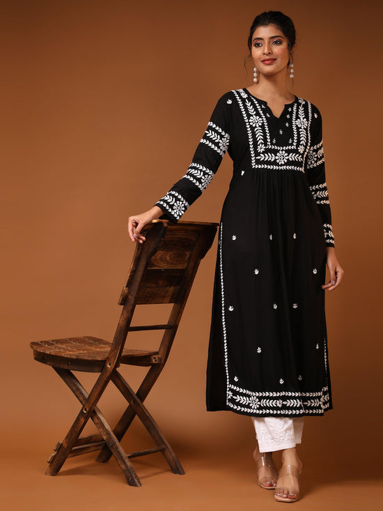 HOK chikankari Long Kurta in Rayon Cotton for Women- Black - House Of Kari (Chikankari Clothing)