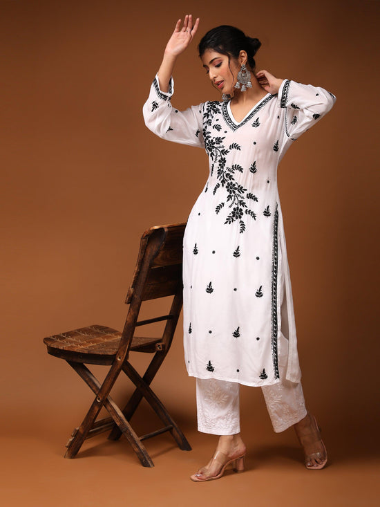 Noor Chikankari Long Kurta in Muslin Cotton for Women-White with Black - House Of Kari (Chikankari Clothing)