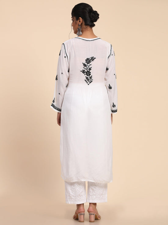 Noor Chikankari Long Kurta in Muslin Cotton for Women-White with Black - House Of Kari (Chikankari Clothing)
