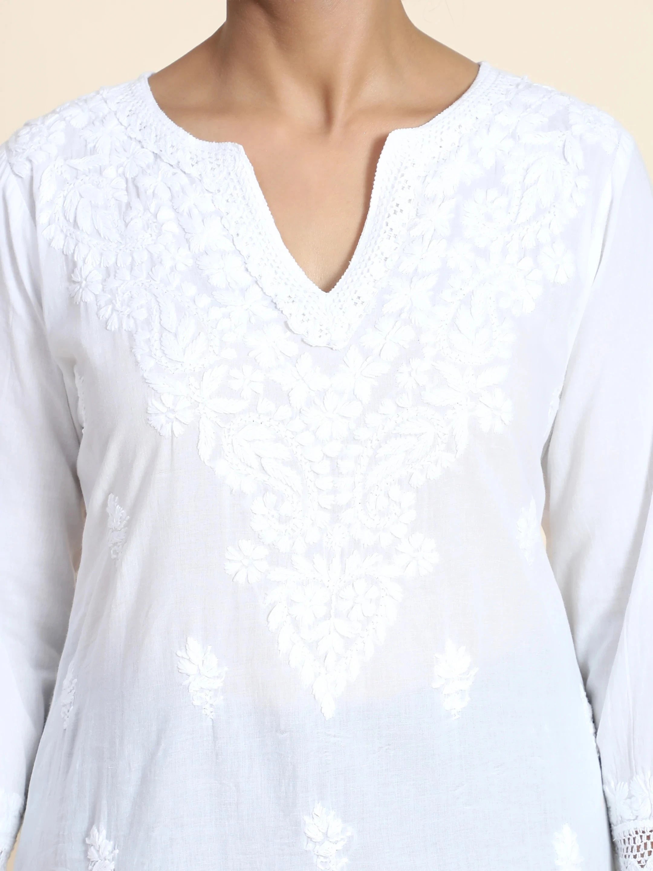 Sharmin in HOK Chikankari Long Kurti for Women in white - House Of Kari (Chikankari Clothing)