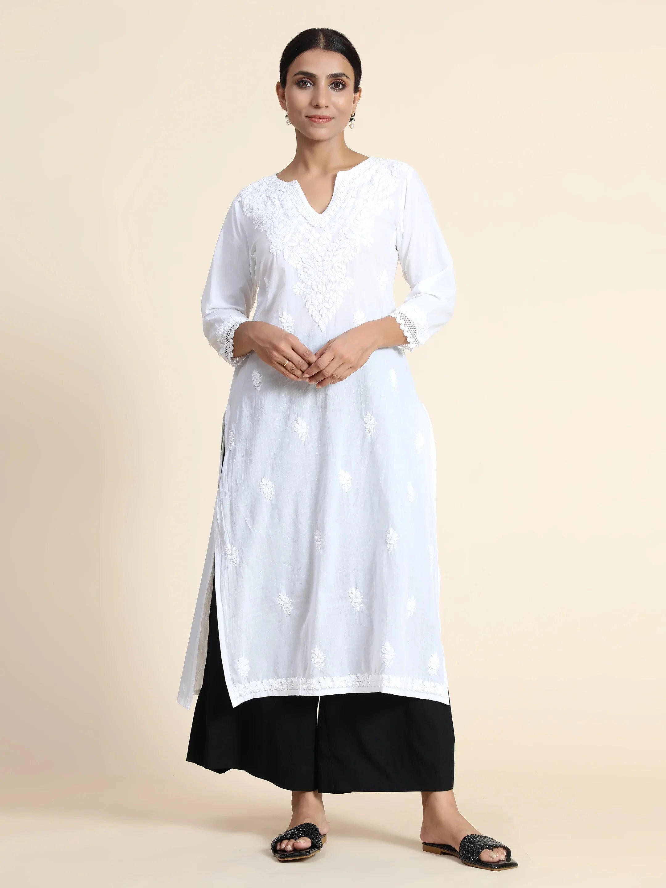 Sharmin in HOK Chikankari Long Kurti for Women in white - House Of Kari (Chikankari Clothing)