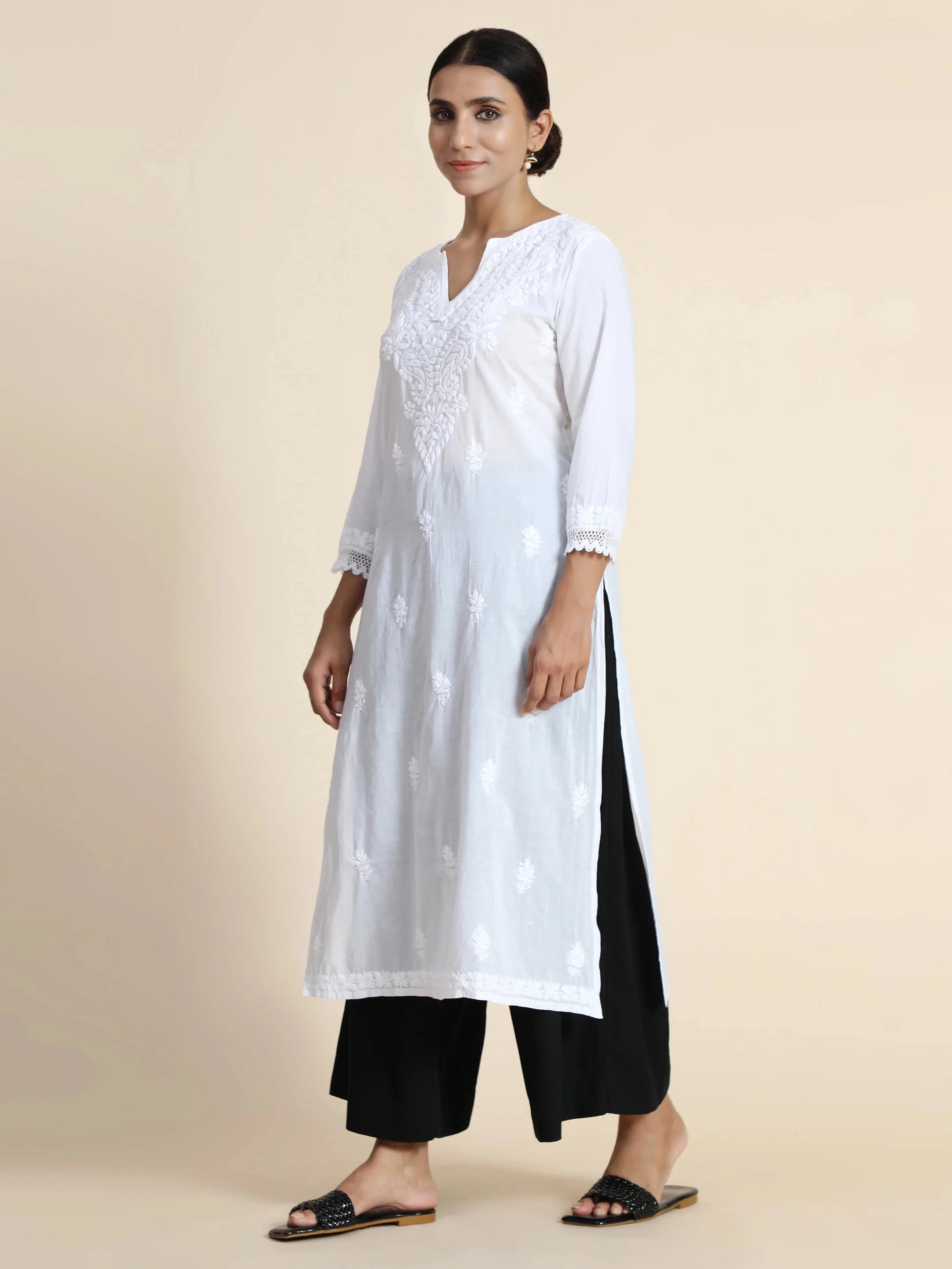 Sharmin in HOK Chikankari Long Kurti for Women in white - House Of Kari (Chikankari Clothing)