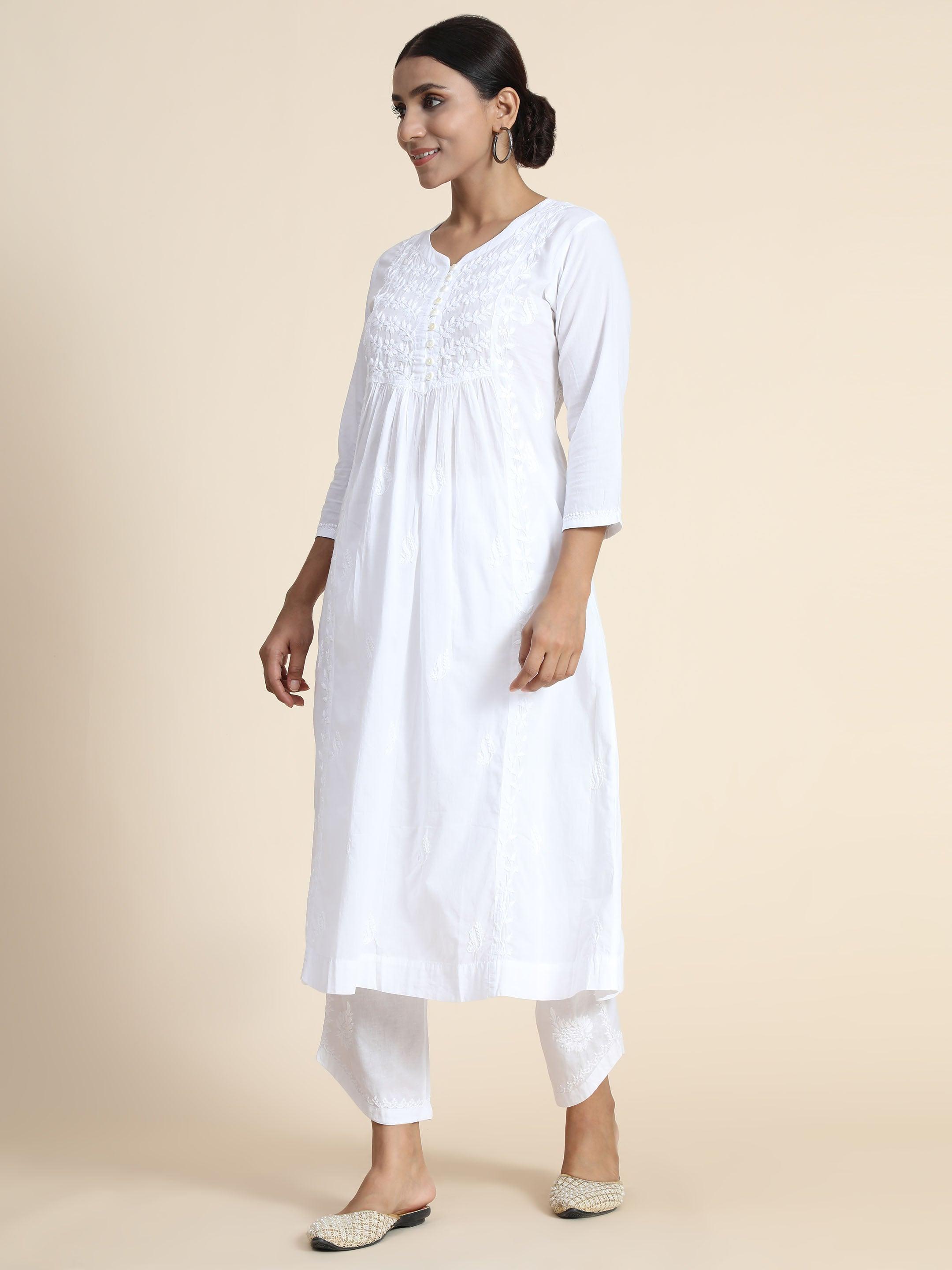 Anjana in Hand Embroidery Chikankari Long Kurti for Women in White - House Of Kari (Chikankari Clothing)
