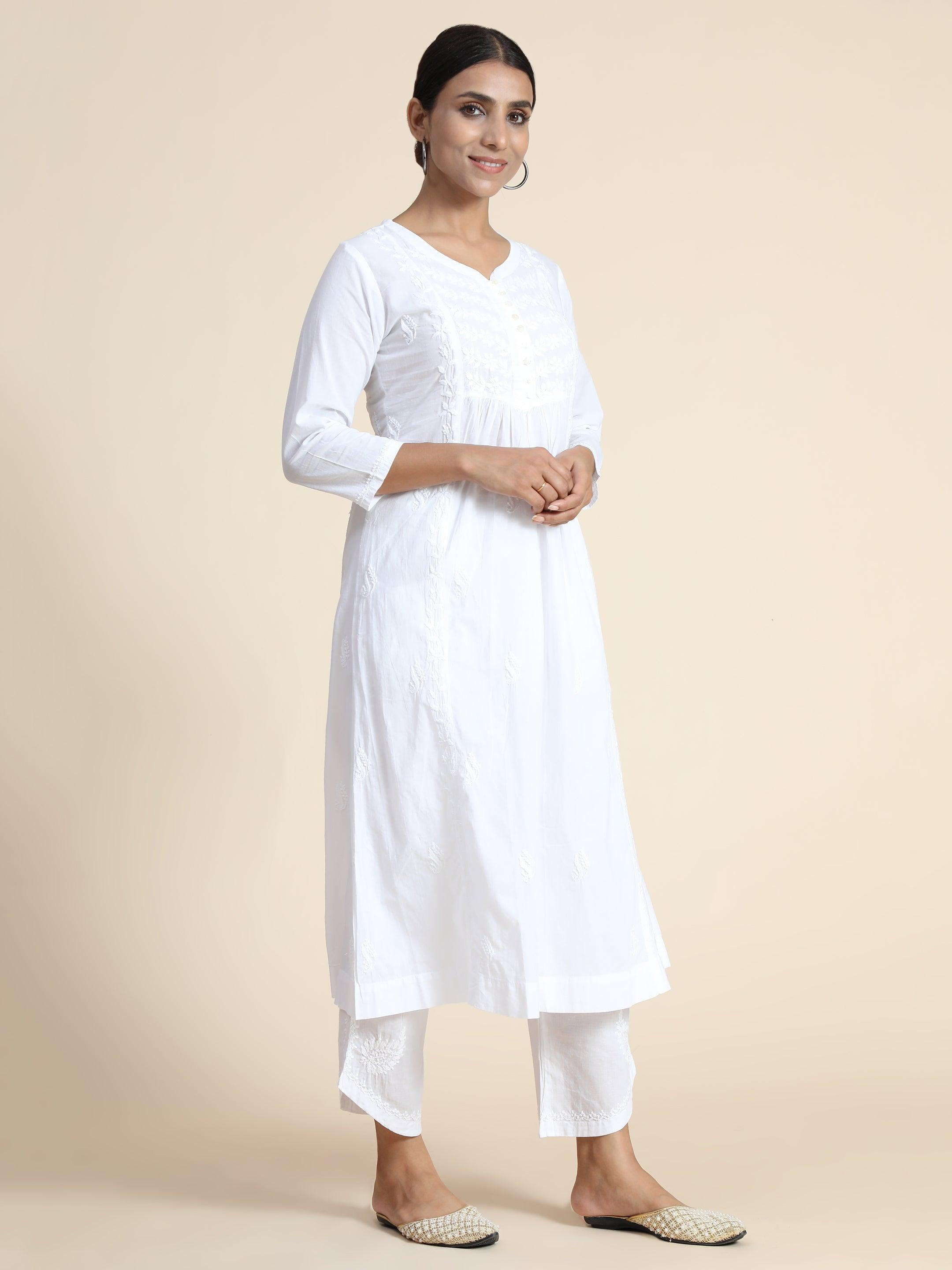 Anjana in Hand Embroidery Chikankari Long Kurti for Women in White - House Of Kari (Chikankari Clothing)