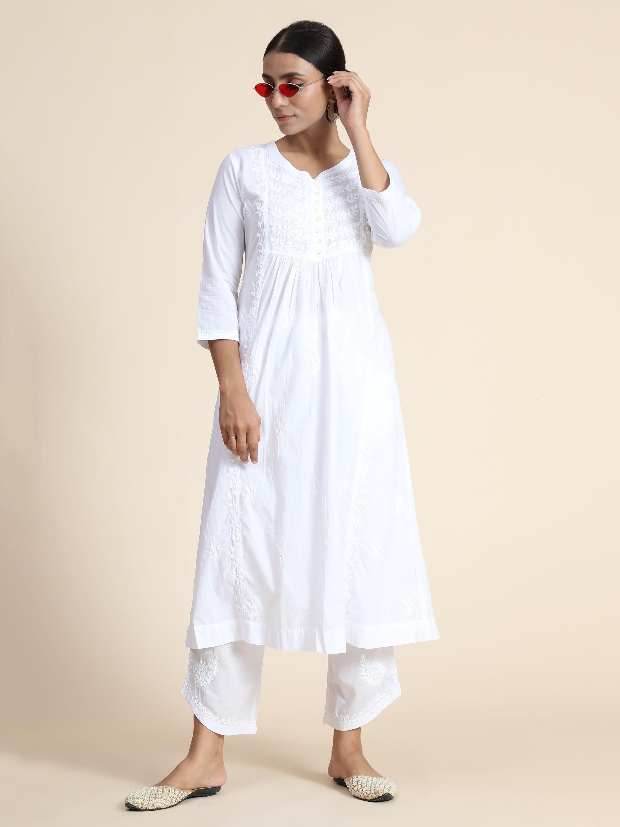 Anjana in Hand Embroidery Chikankari Long Kurti for Women in White - House Of Kari (Chikankari Clothing)