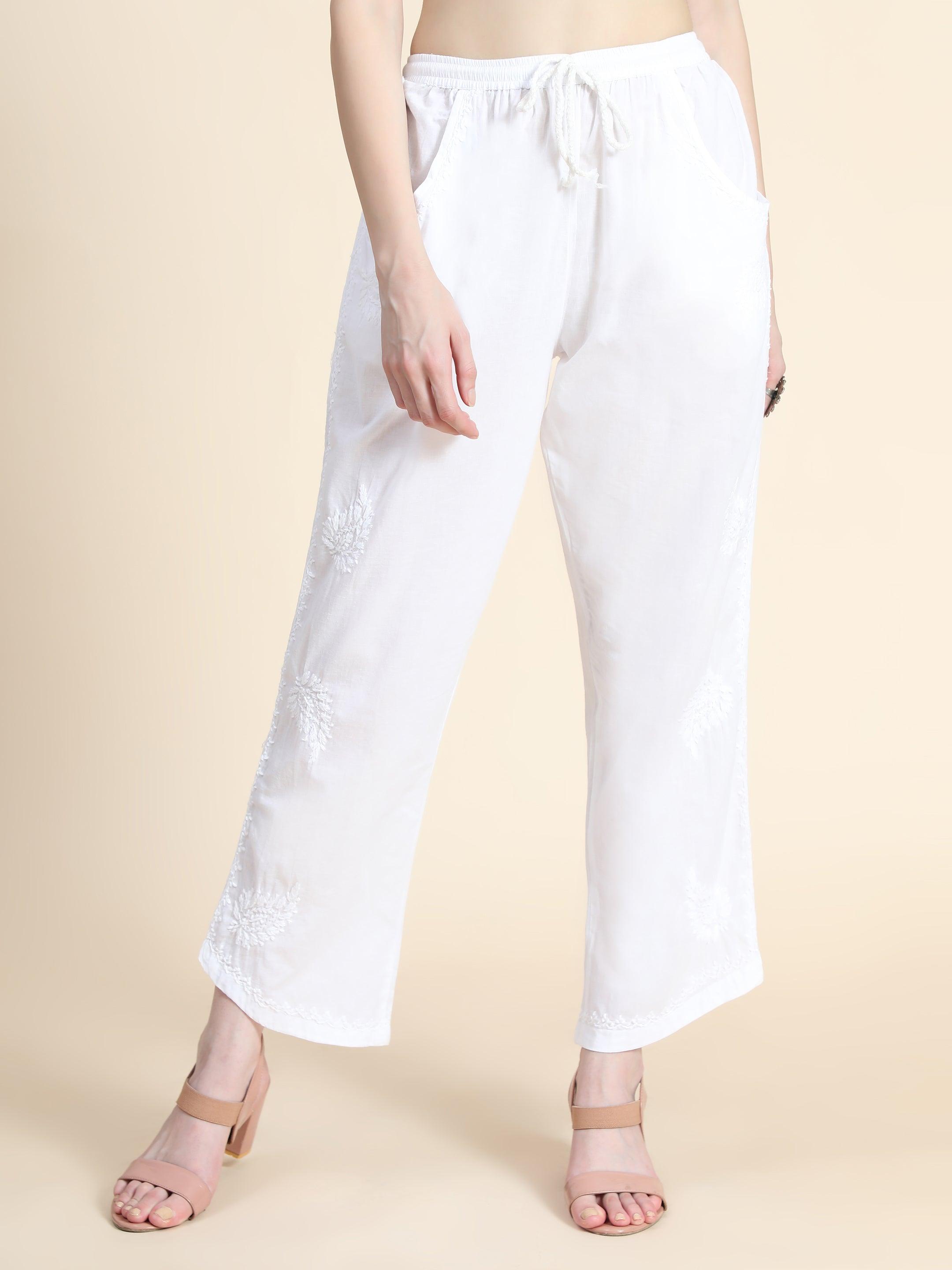 House Of Kari Chikankari Embroidered Cotton White Relaxed Pants Trousers-2 - House Of Kari (Chikankari Clothing)