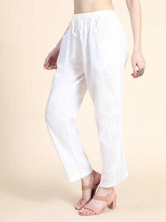 House Of Kari Chikankari Embroidered Cotton White Relaxed Pants Trousers-2 - House Of Kari (Chikankari Clothing)