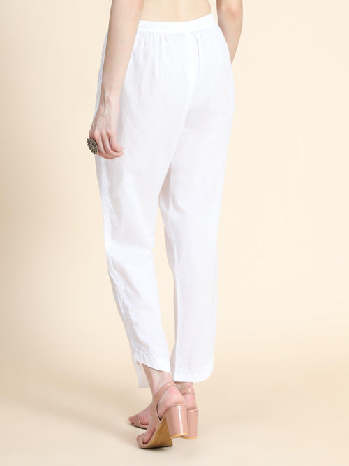 House Of Kari Chikankari Embroidered Cotton White Relaxed Pants Trousers-2 - House Of Kari (Chikankari Clothing)