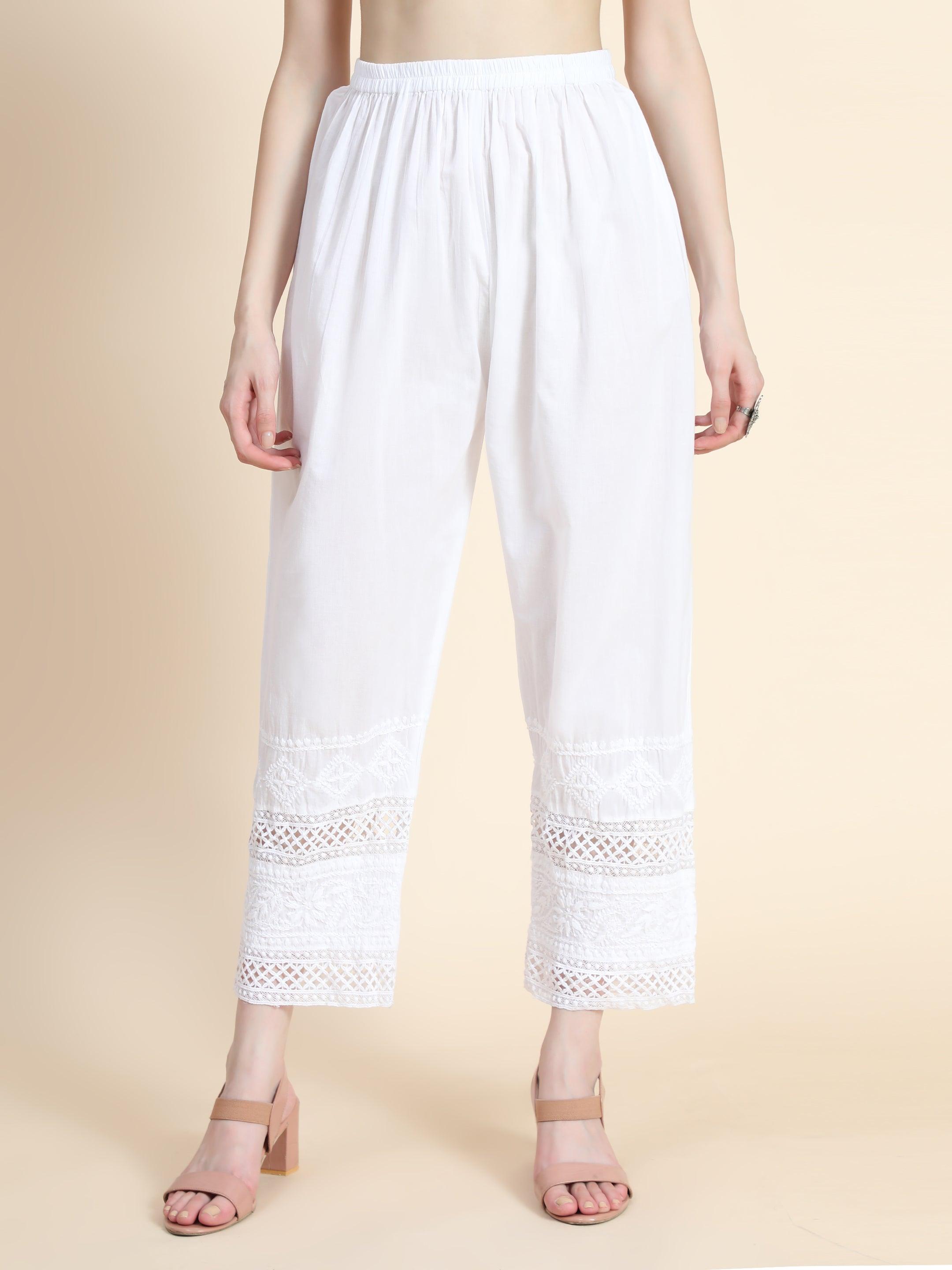 Hand Embroidered Cotton White Relaxed chikankari Pants