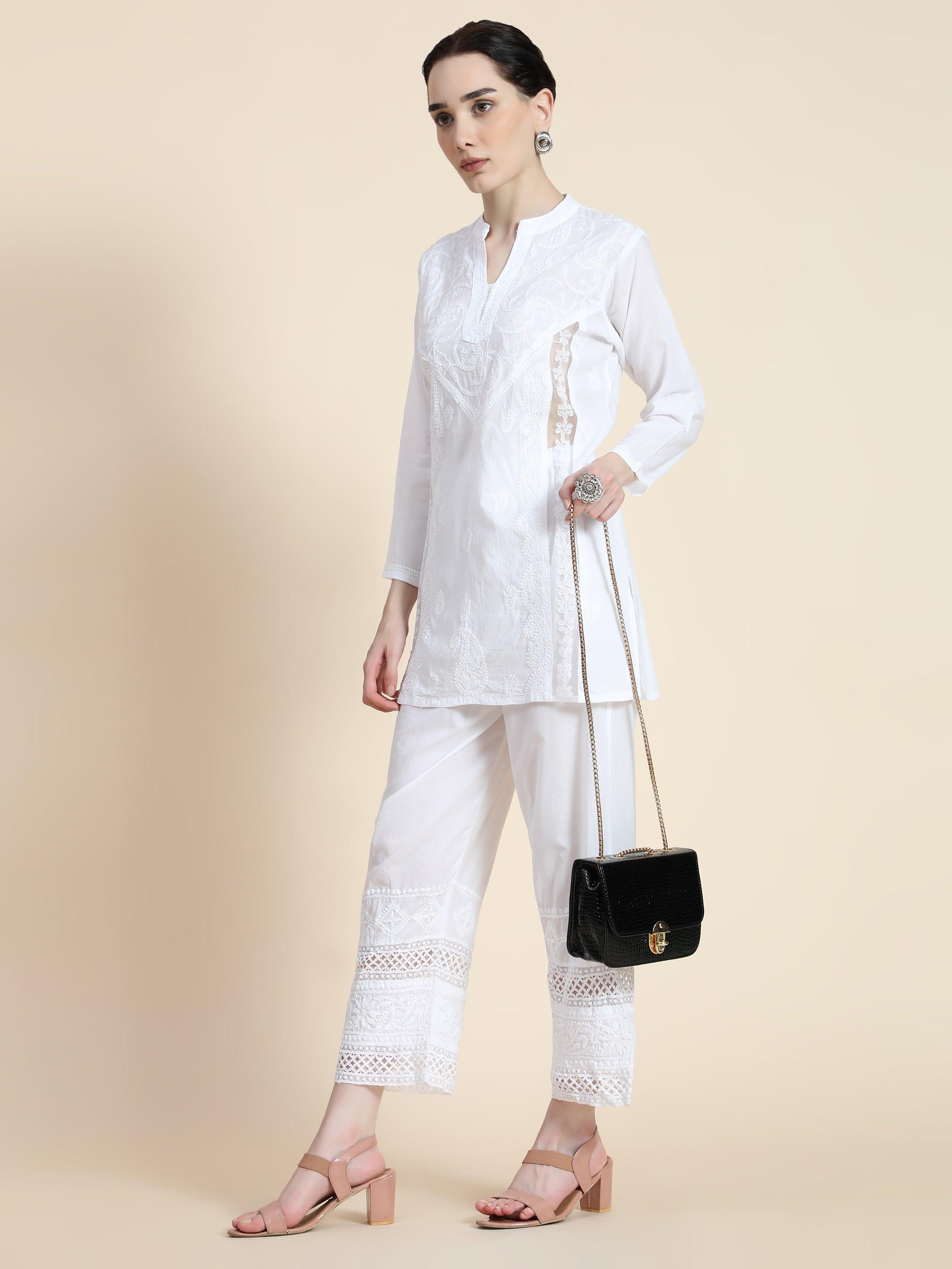 Hand Embroidered Cotton White Relaxed chikankari Pants