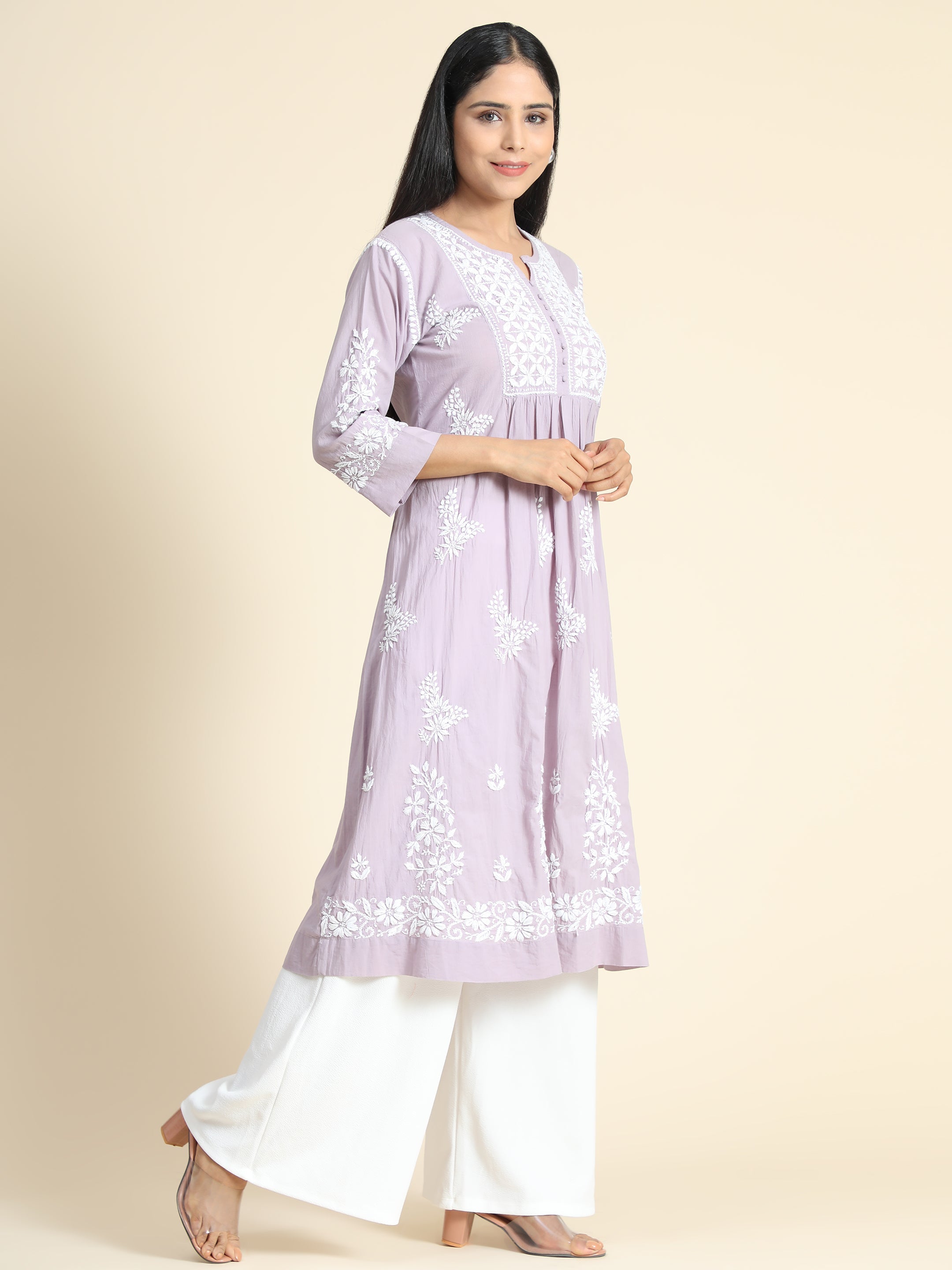 Nandini in Hand Embroidery Chikankari Long Kurti for Women | Stylish Casual | Fancy| Lavender & White-9