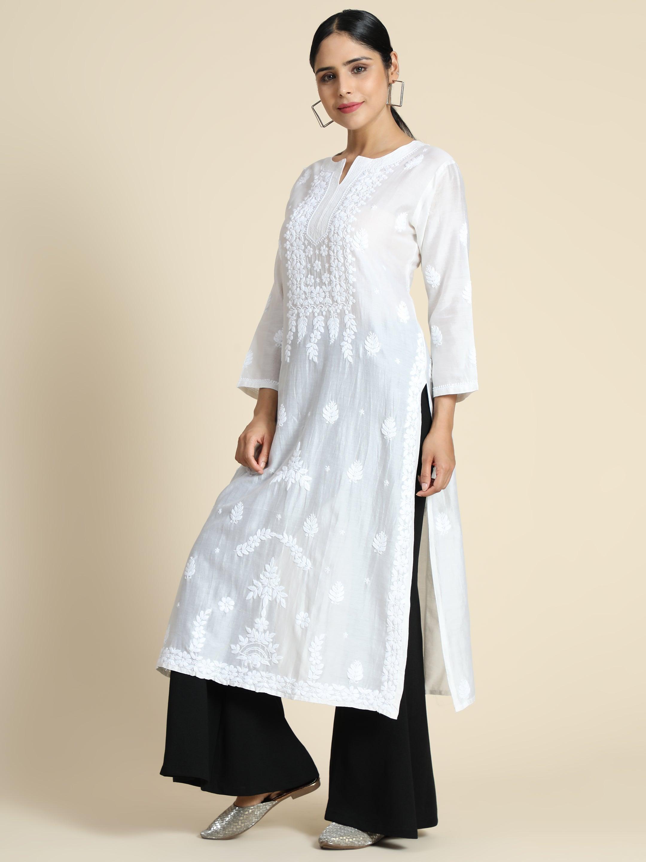 Ria Malhotra in Hand Embroidery Chikankari Long Kurti for Women In Chanderi Silk White-6 - House Of Kari (Chikankari Clothing)