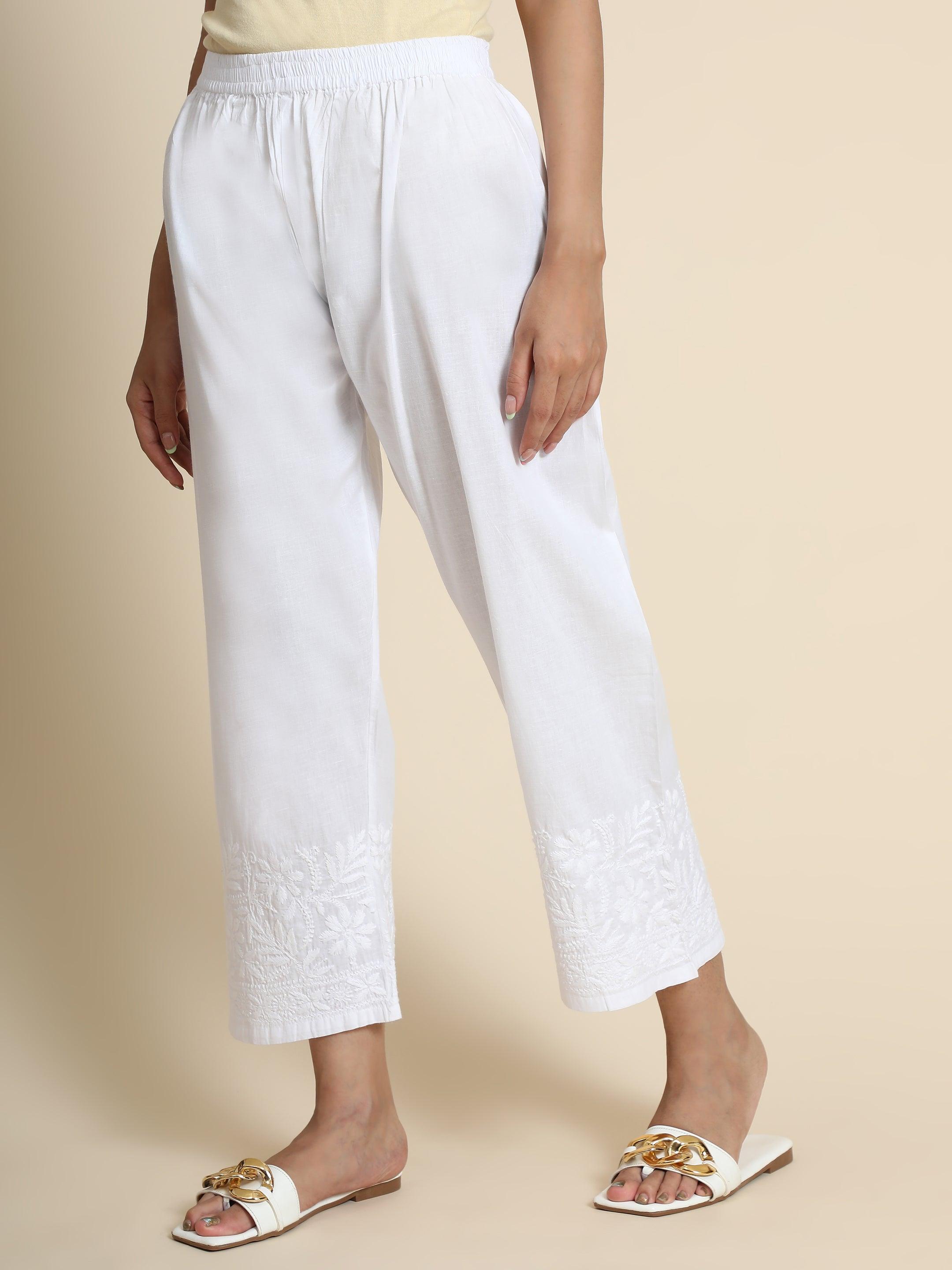 HOK Chikankari Cotton Pant Trouser White - House Of Kari (Chikankari Clothing)