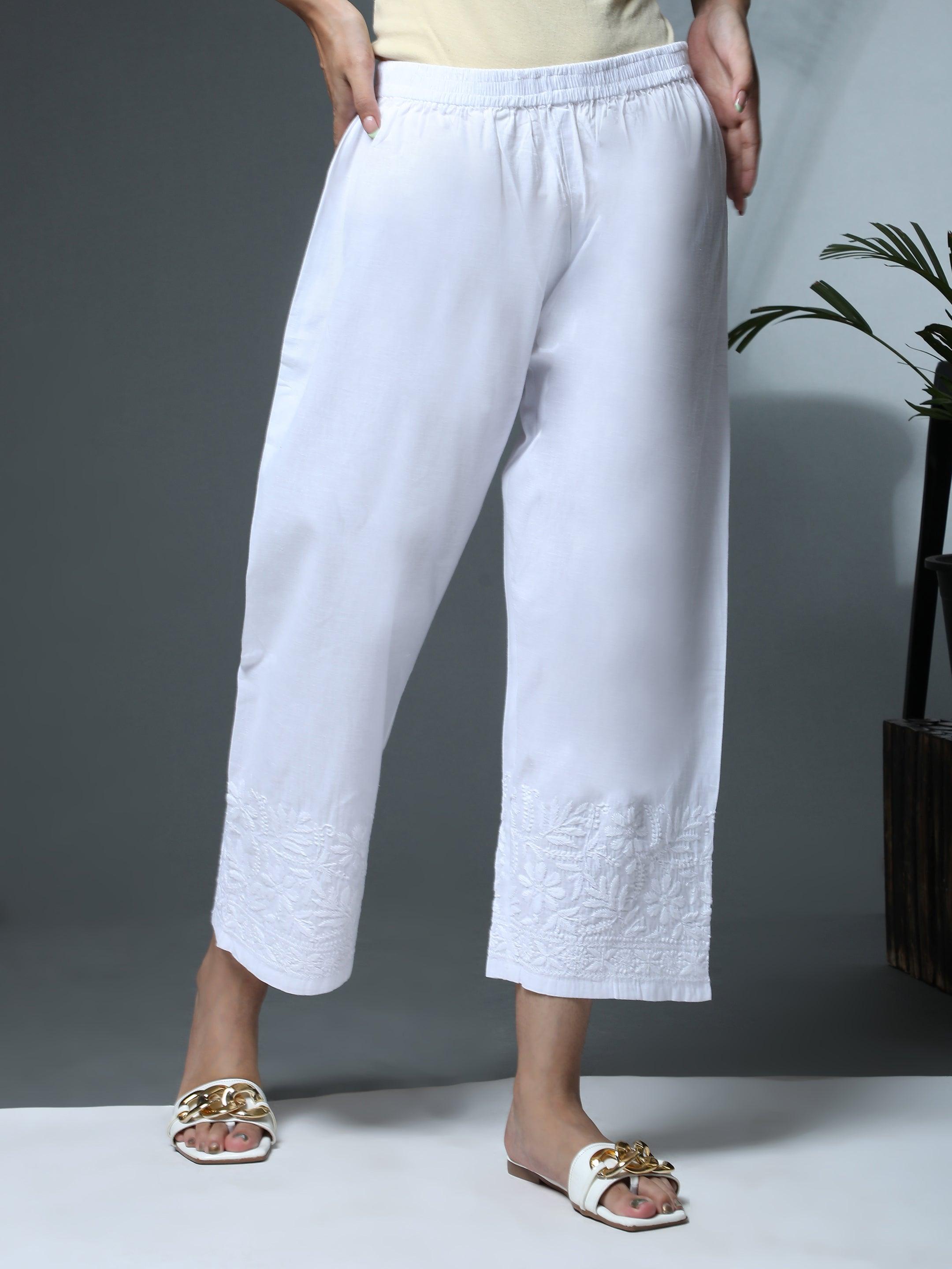 HOK Chikankari Cotton Pant Trouser White - House Of Kari (Chikankari Clothing)