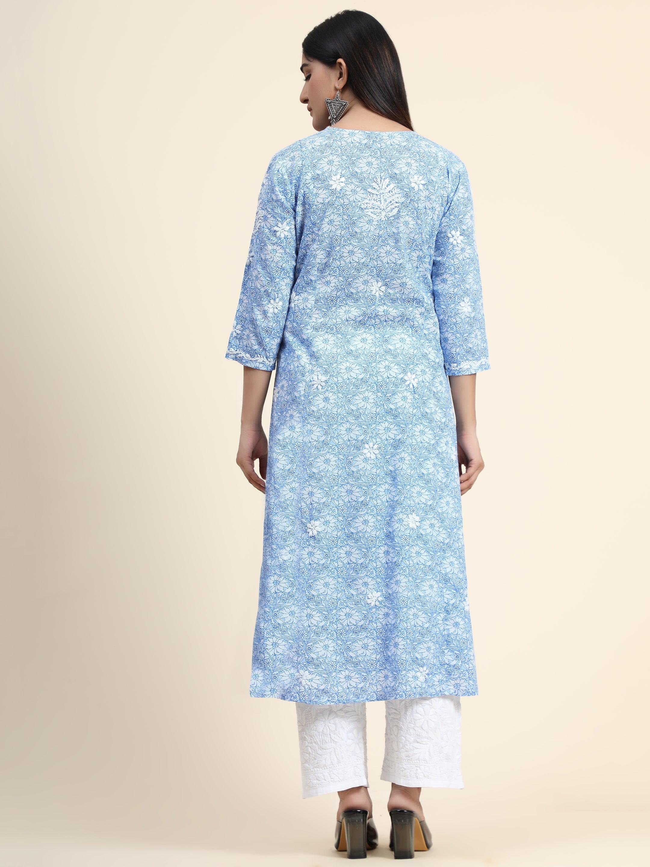 Hand embroidery Chikankari V neck Anarkali Dress | Long Kurti in Cotton For Women 2 - House Of Kari (Chikankari Clothing)