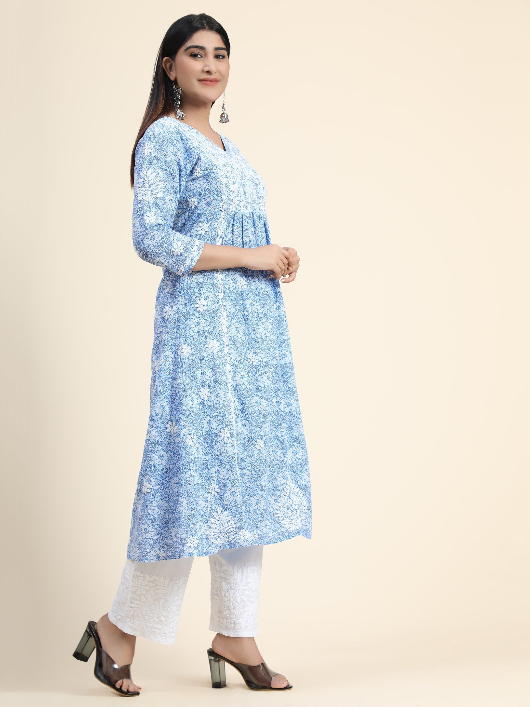 Hand embroidery Chikankari V neck Anarkali Dress | Long Kurti in Cotton For Women 2 - House Of Kari (Chikankari Clothing)
