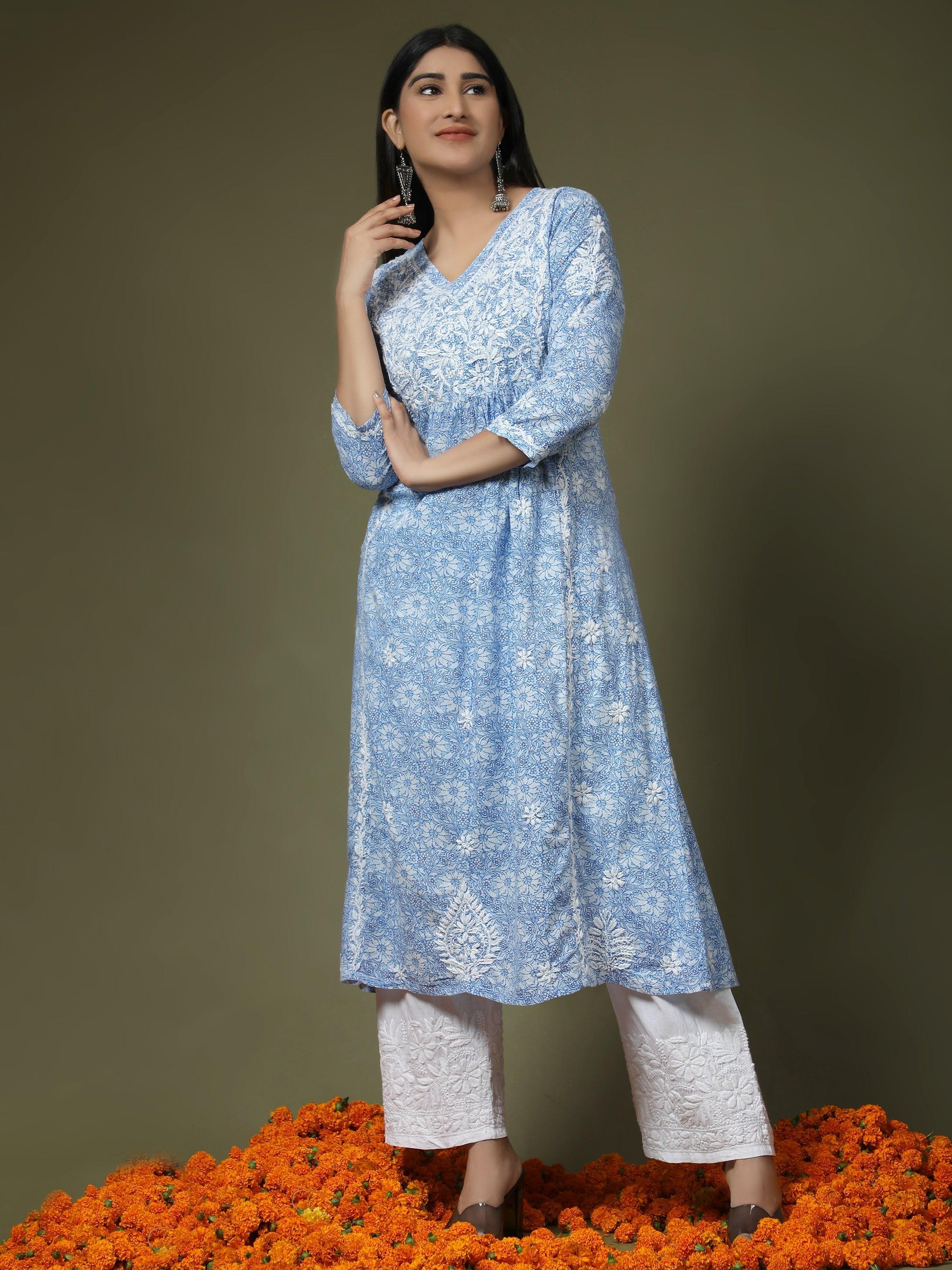 Hand embroidery Chikankari V neck Anarkali Dress | Long Kurti in Cotton For Women 2 - House Of Kari (Chikankari Clothing)