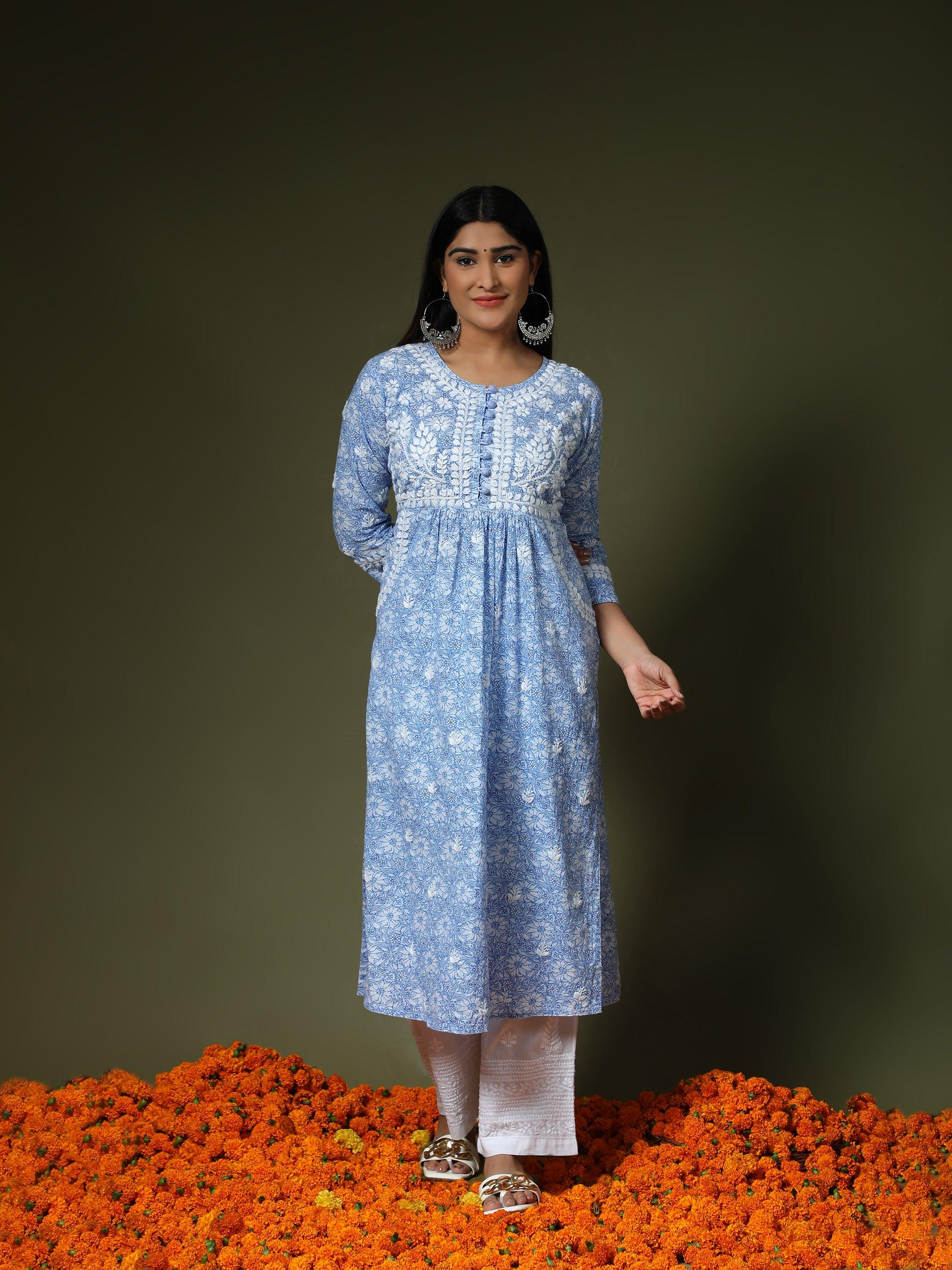 Hand embroidery Chikankari Long Kurta- Printed White - House Of Kari (Chikankari Clothing)