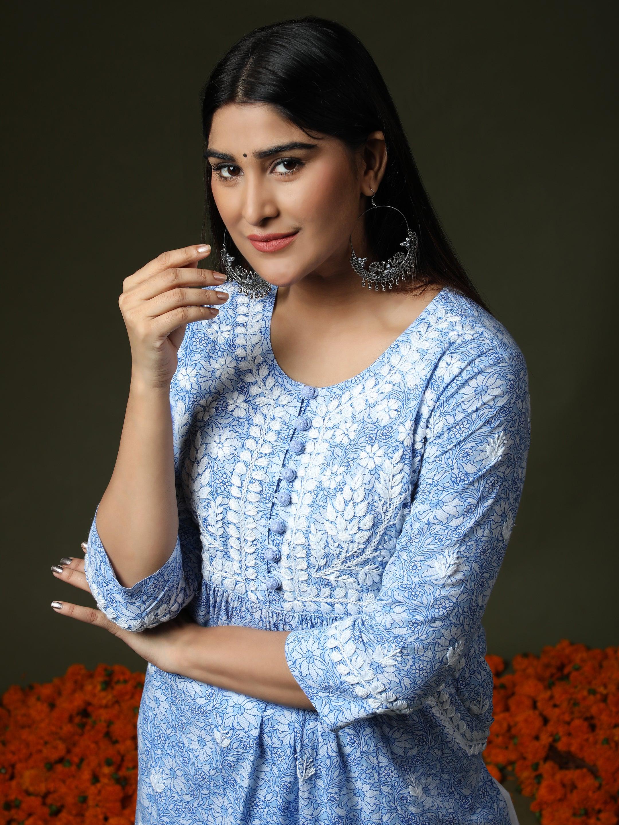 Hand embroidery Chikankari Long Kurta- Printed White - House Of Kari (Chikankari Clothing)