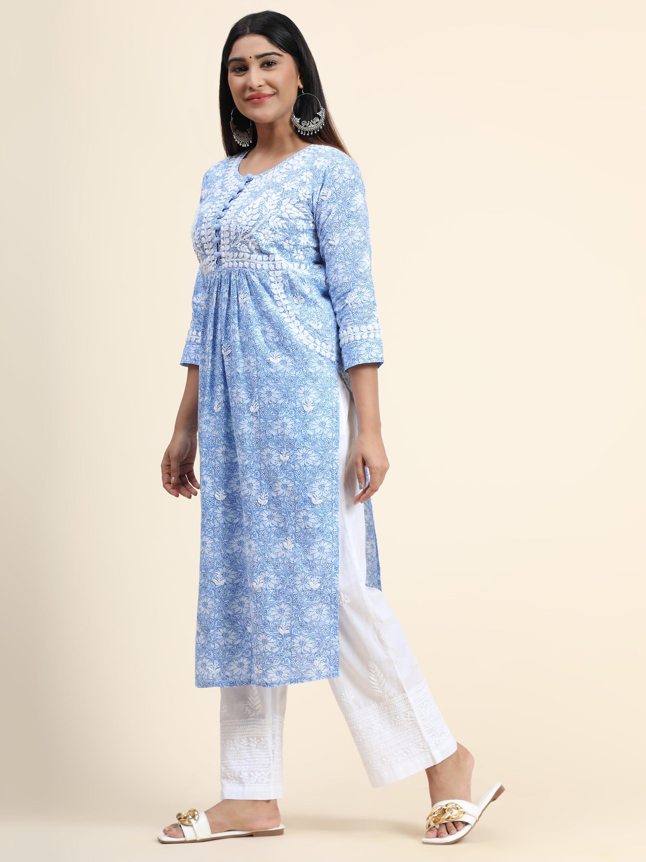 Hand embroidery Chikankari Long Kurta- Printed White - House Of Kari (Chikankari Clothing)