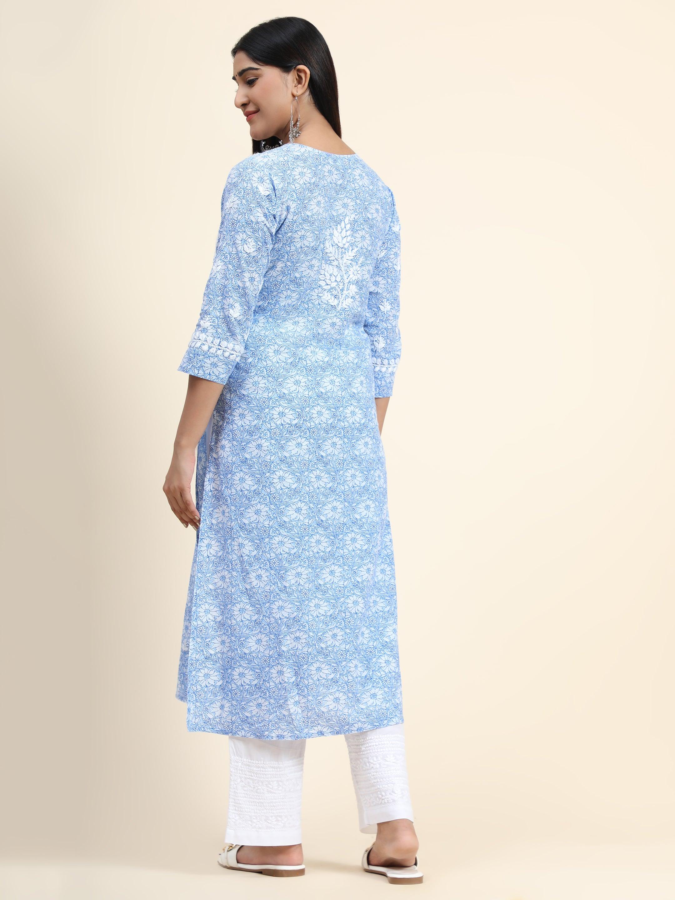 Hand embroidery Chikankari Long Kurta- Printed White - House Of Kari (Chikankari Clothing)