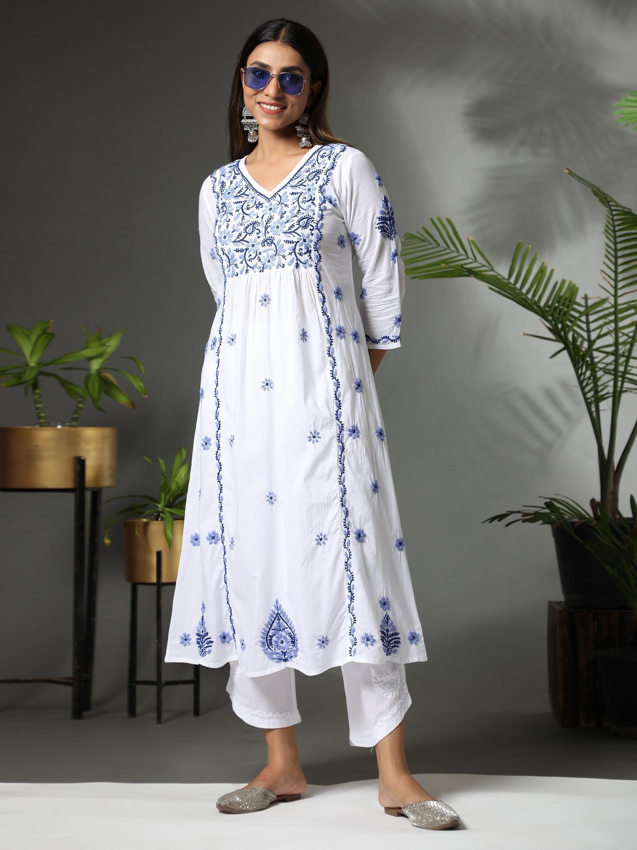Hand embroidery Chikankari V neck Anarkali Dress | Long Kurti in Cotton For Women - House Of Kari (Chikankari Clothing)