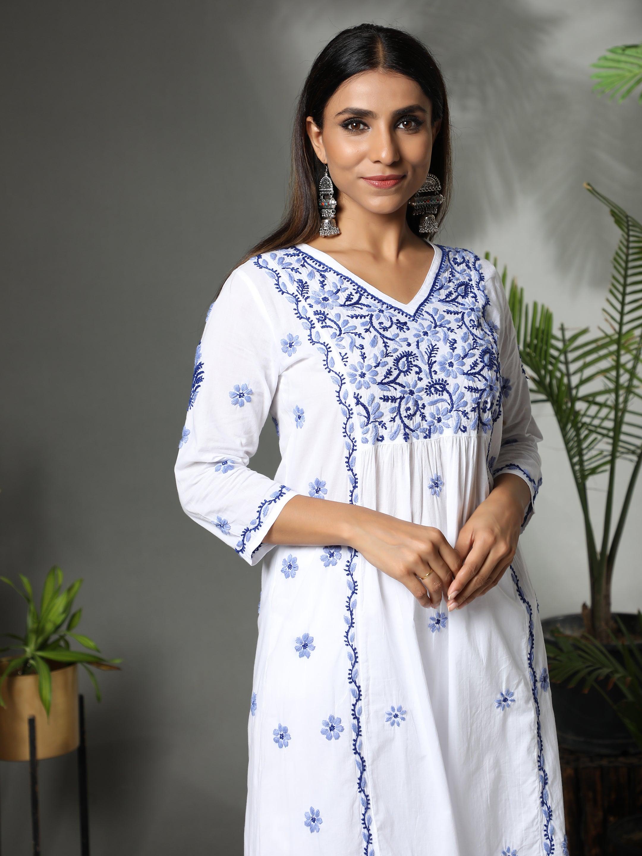 Hand embroidery Chikankari V neck Anarkali Dress | Long Kurti in Cotton For Women - House Of Kari (Chikankari Clothing)
